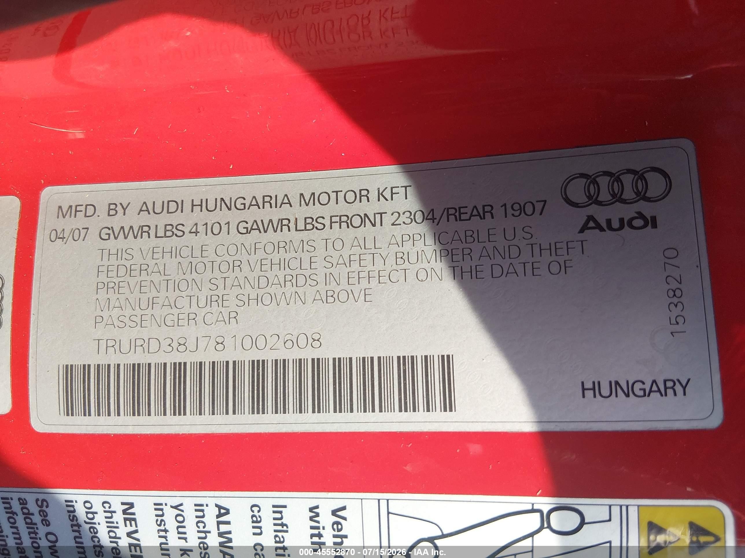 2008 Audi Tt 3.2 Red vin: TRURD38J781002608