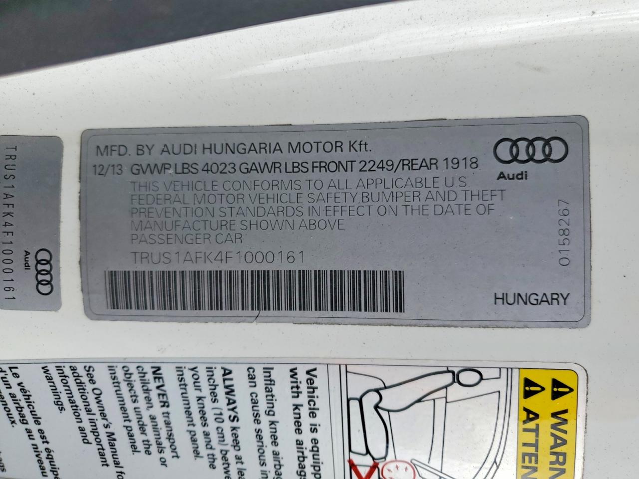 2015 Audi Tts White vin: TRUS1AFK4F1000161