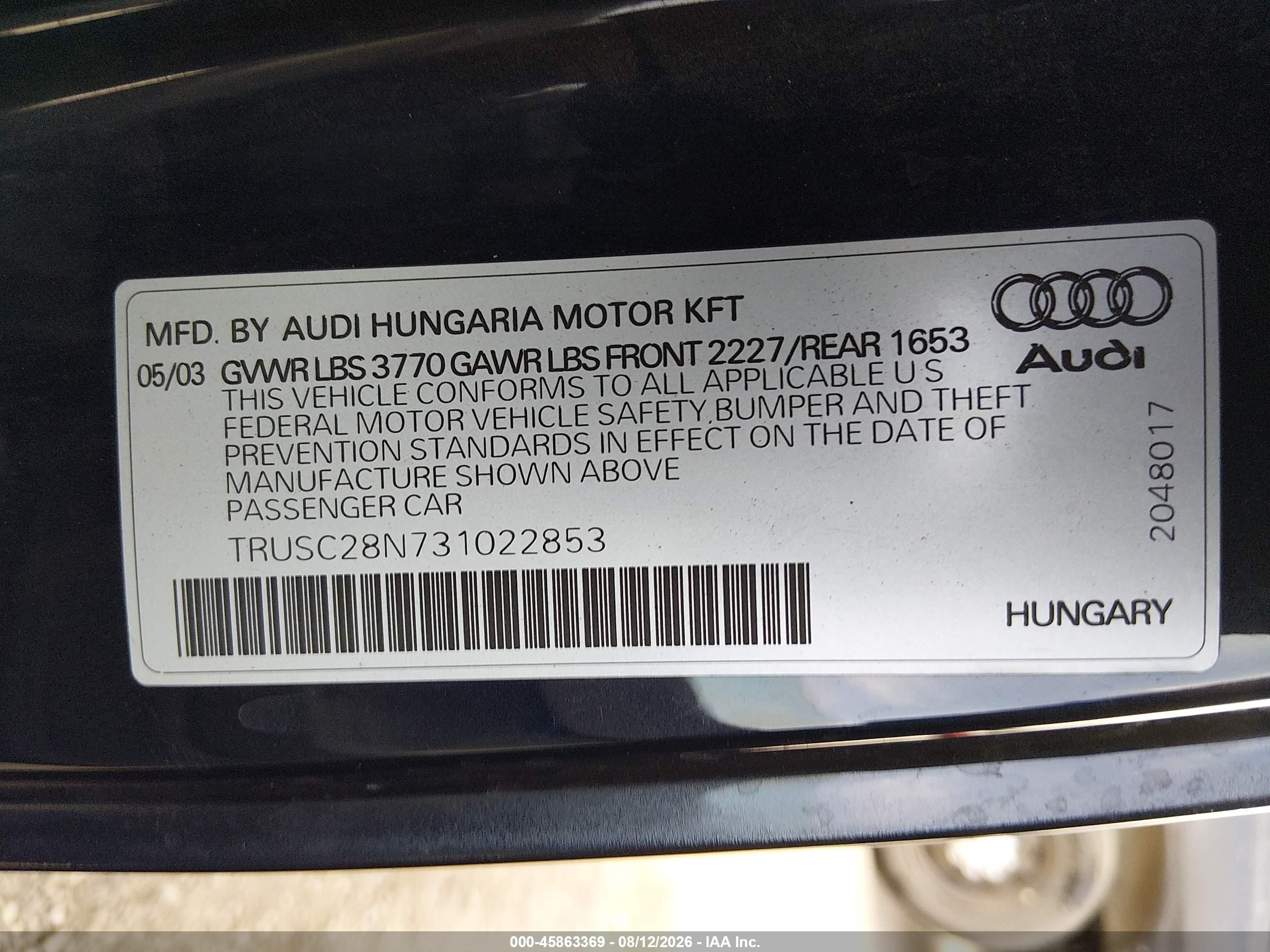 2003 Audi Tt 1.8l Blue vin: TRUSC28N731022853