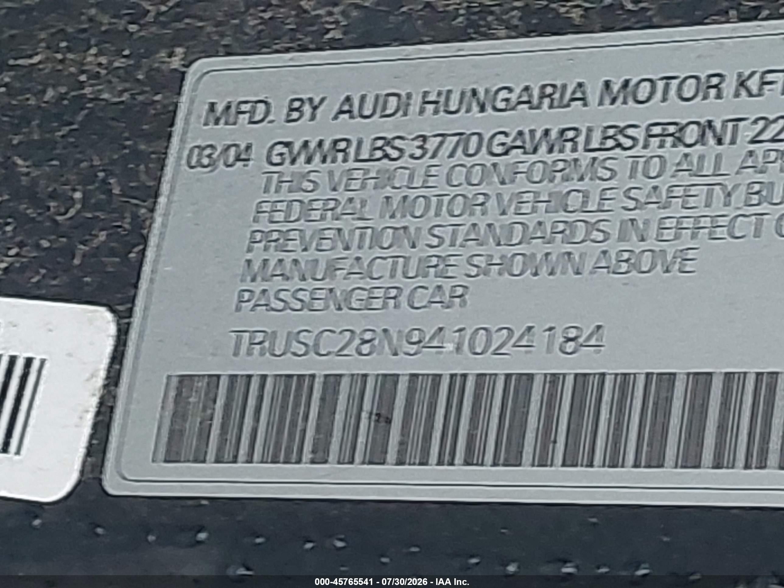 2004 Audi Tt 1.8l Gray vin: TRUSC28N941024184