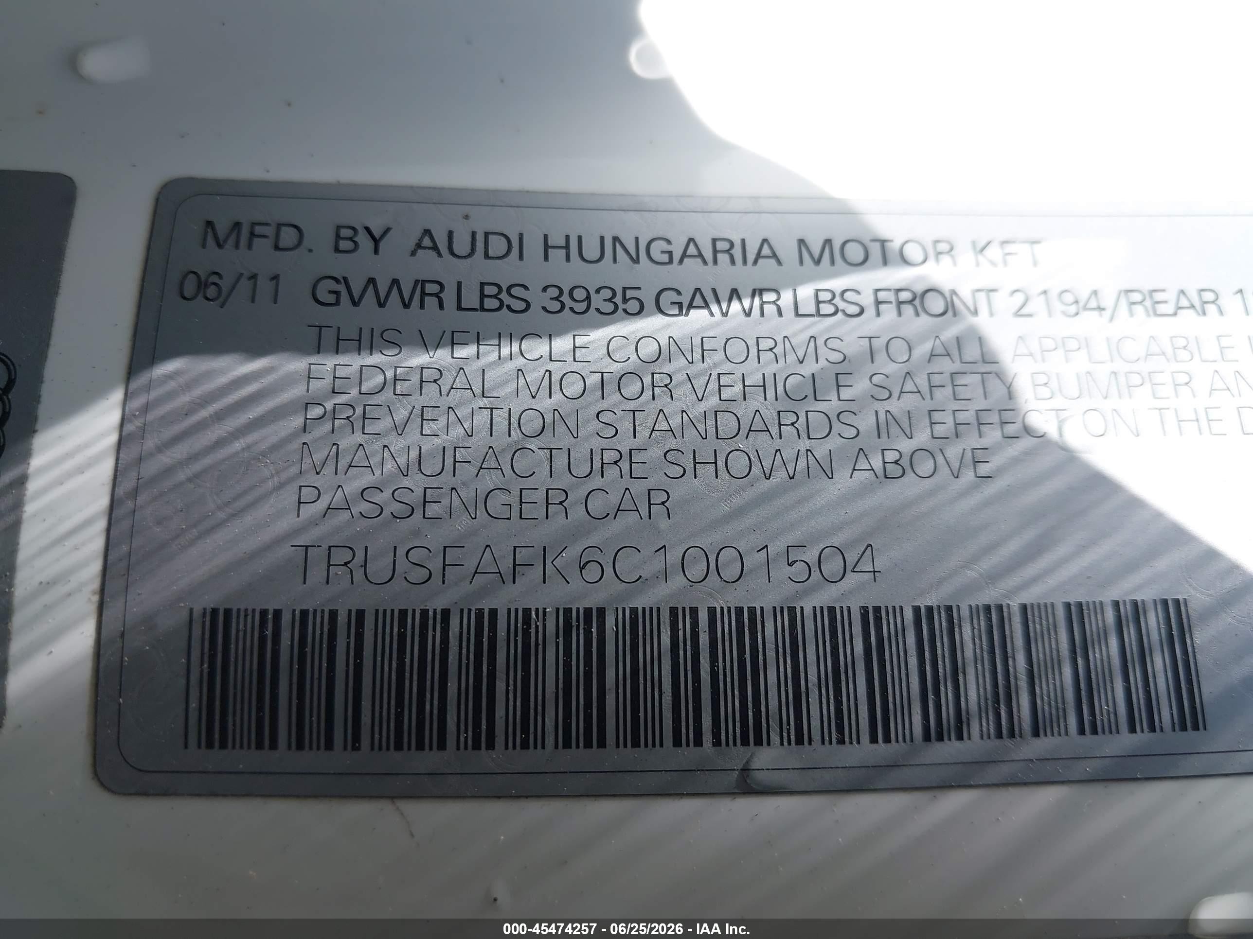 2012 Audi Tt 2.0t Premium Plus White vin: TRUSFAFK6C1001504