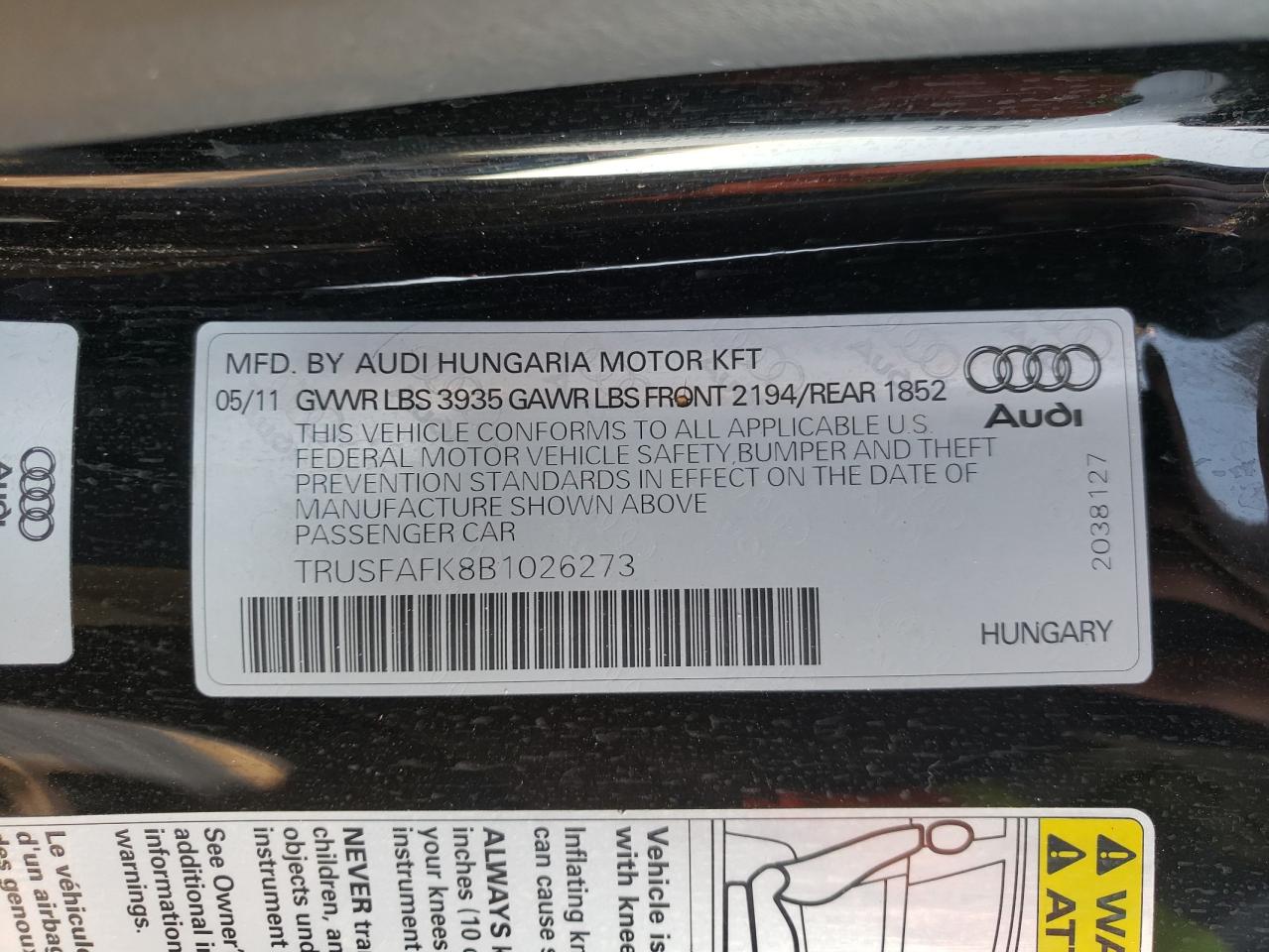 2011 Audi Tt Premium Black vin: TRUSFAFK8B1026273
