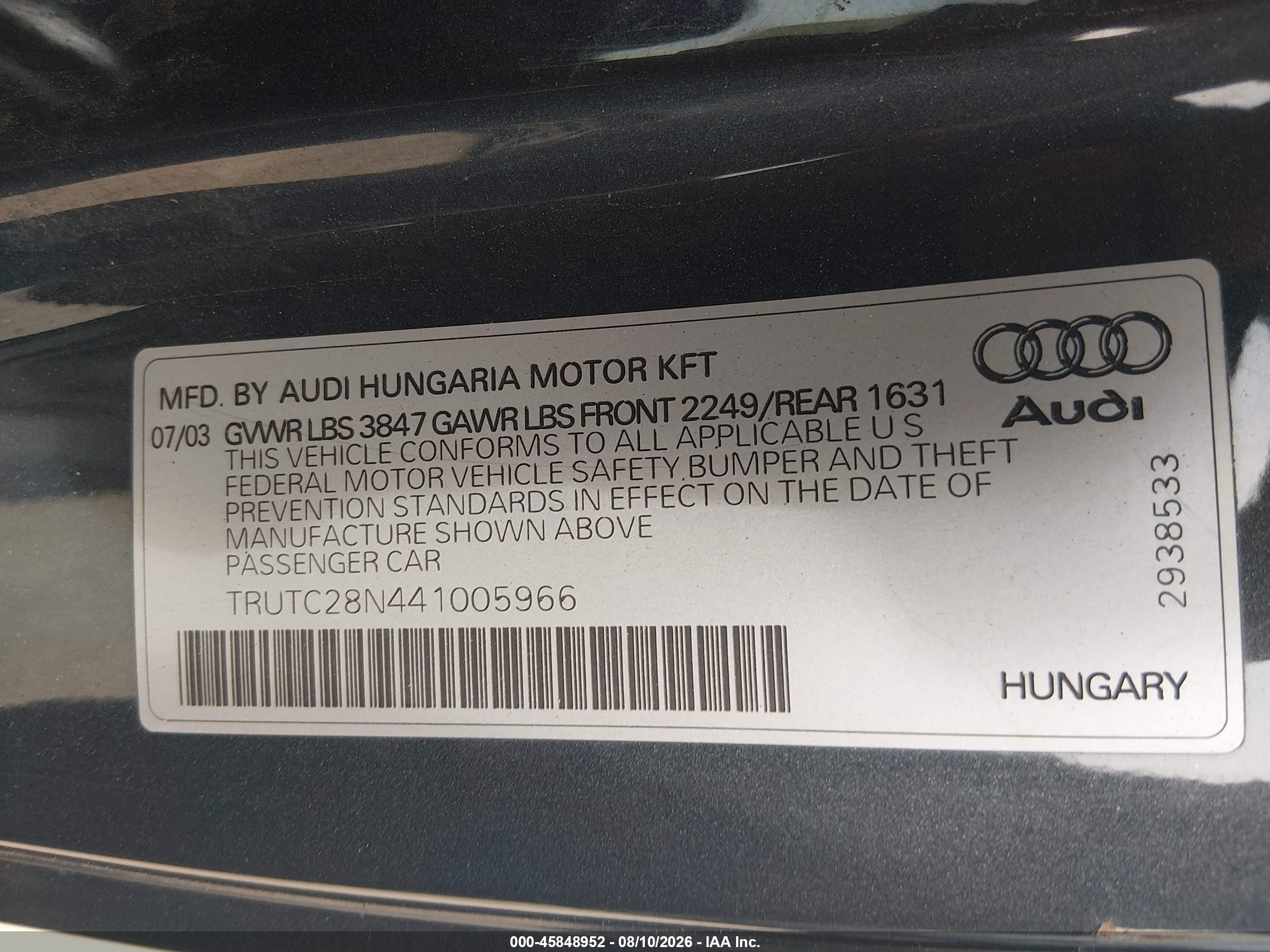 2004 Audi Tt 1.8l Gray vin: TRUTC28N441005966