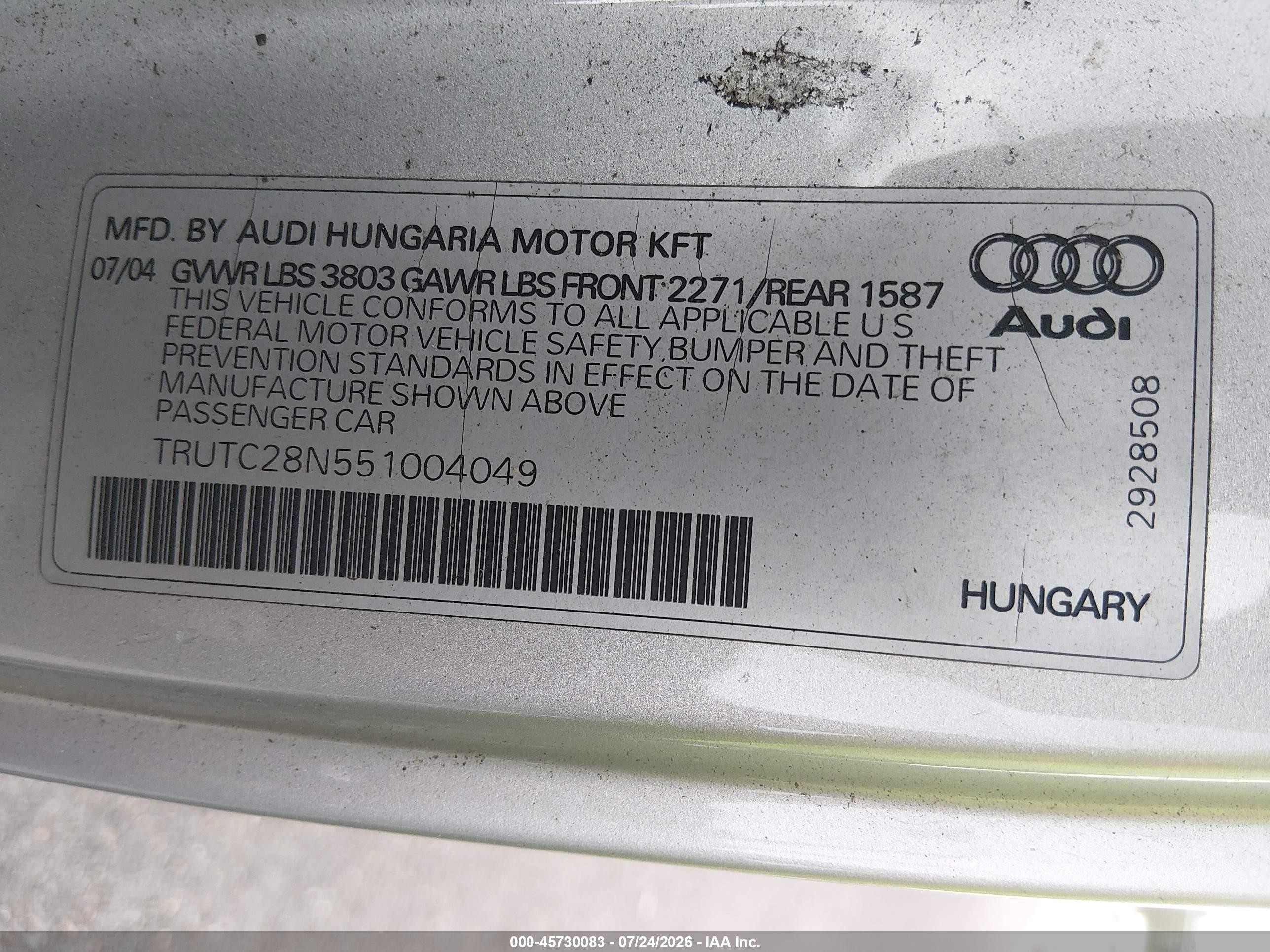 2005 Audi Tt 1.8l Silver vin: TRUTC28N551004049