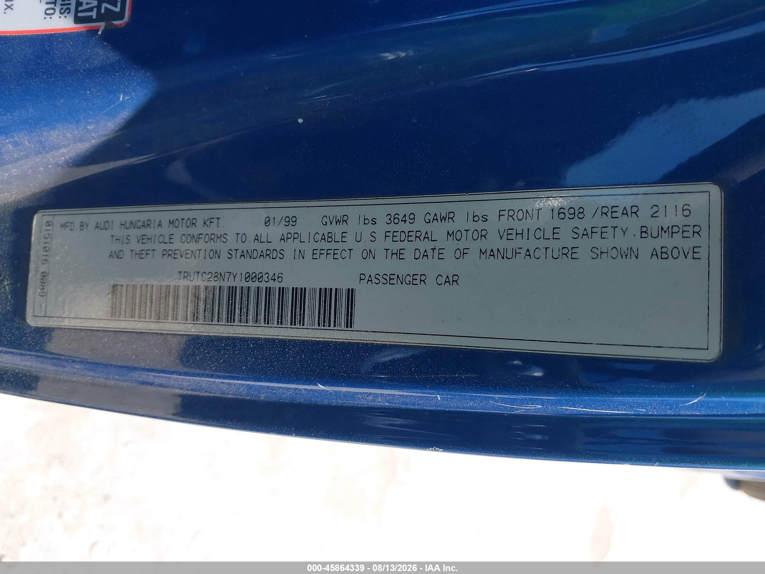 2000 Audi Tt   Blue vin: TRUTC28N7Y1000346