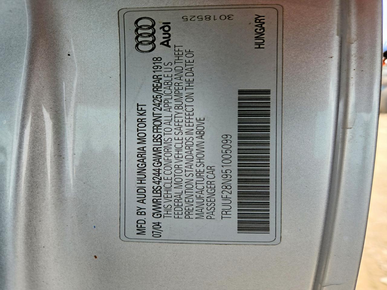 2005 Audi Tt 3.2 Silver vin: TRUUF28N951005099