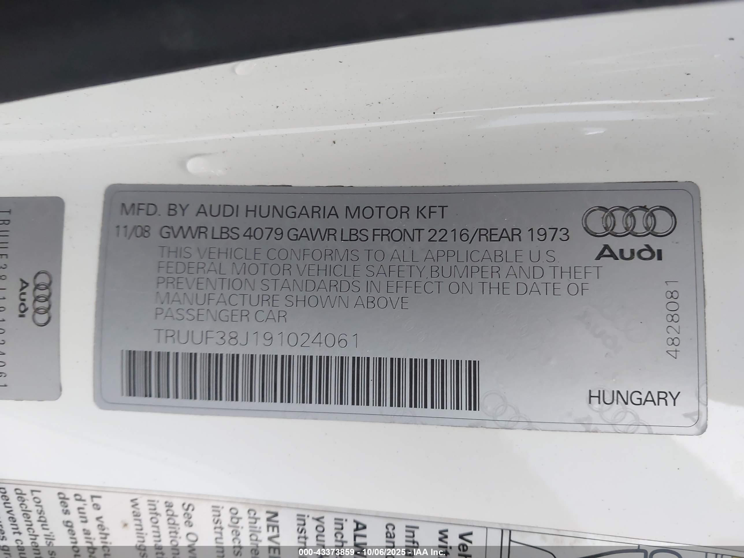 2009 Audi Tts 2.0t White vin: TRUUF38J191024061