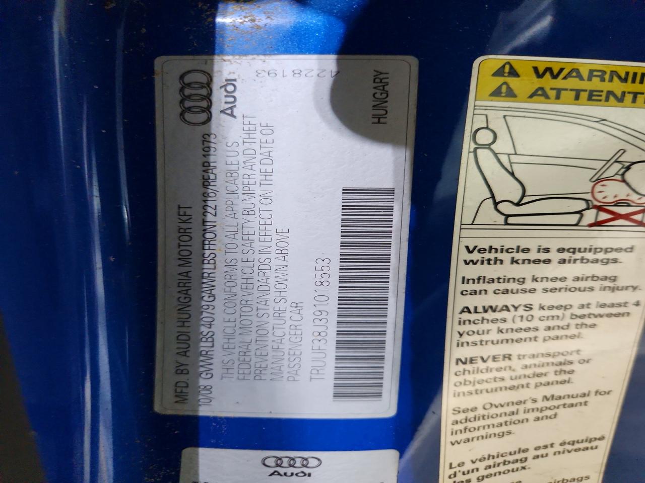 2009 Audi Tts Blue vin: TRUUF38J391018553