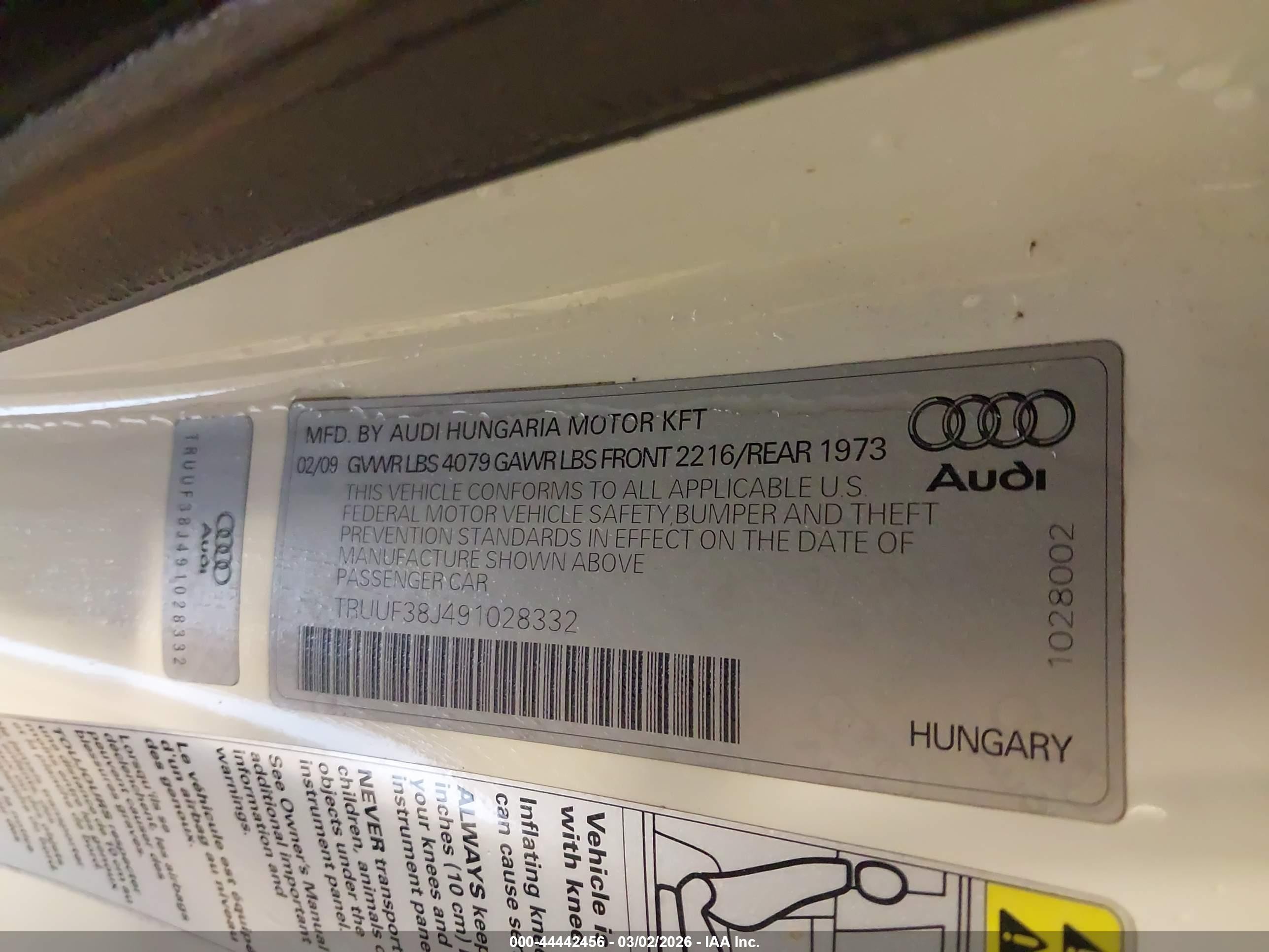 2009 Audi Tts 2.0t White vin: TRUUF38J491028332