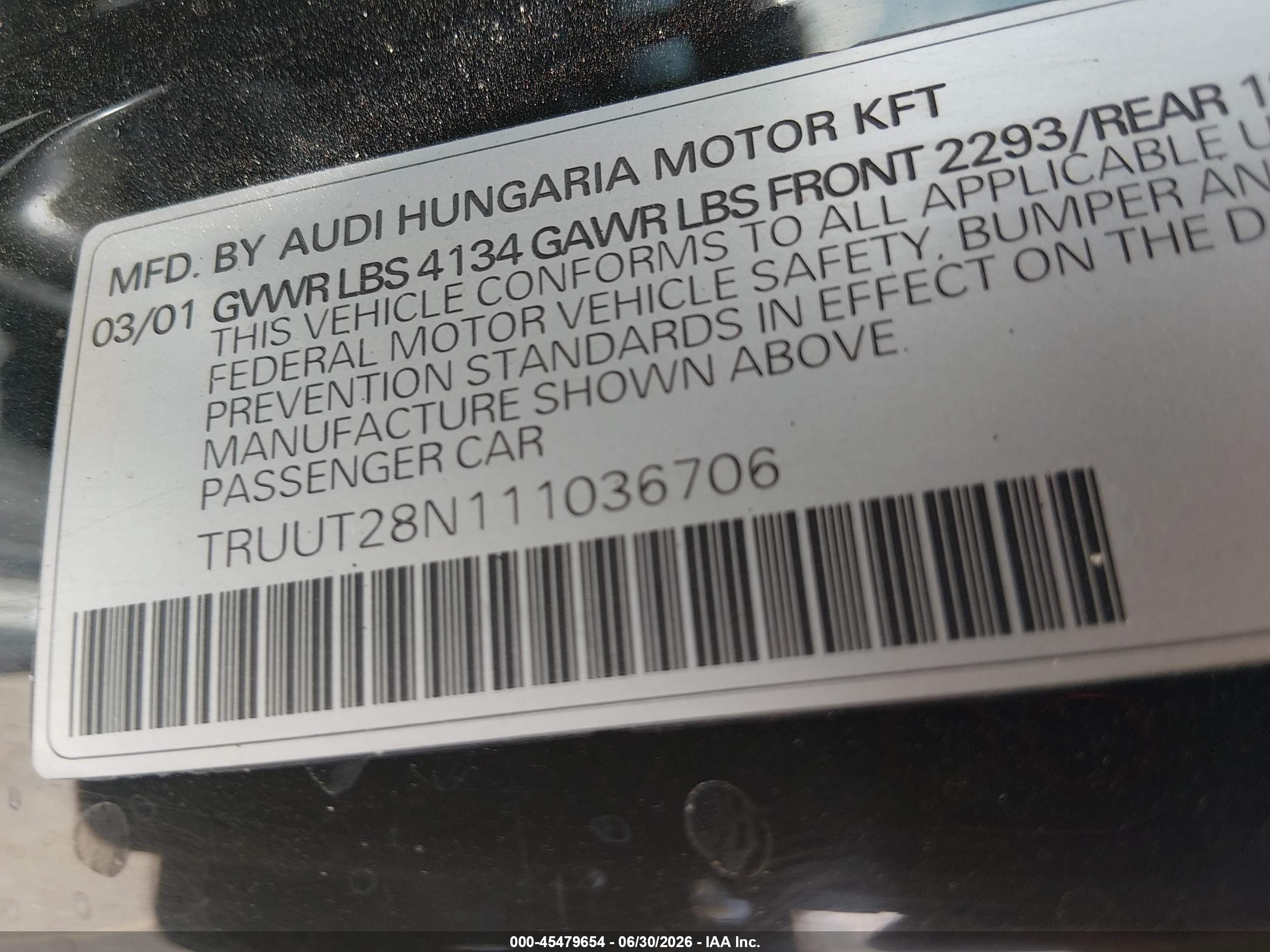 2001 Audi Tt   Black vin: TRUUT28N111036706