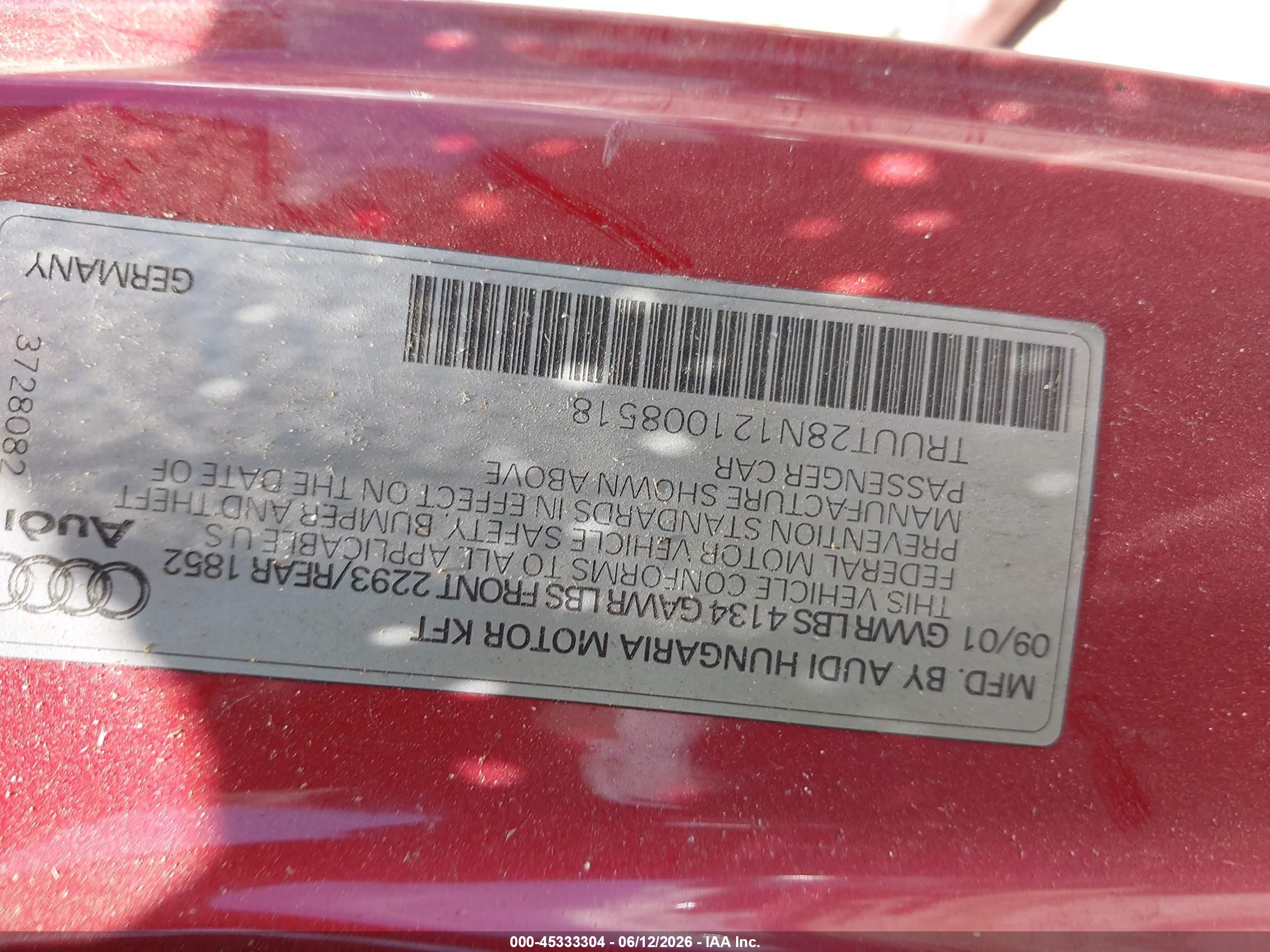 2002 Audi Tt 1.8l Red vin: TRUUT28N121008518