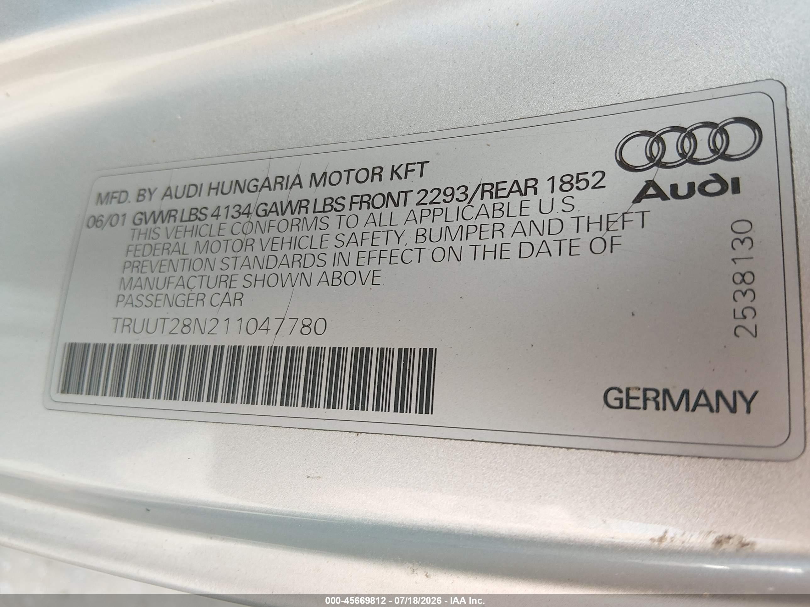 2001 Audi Tt   Gray vin: TRUUT28N211047780