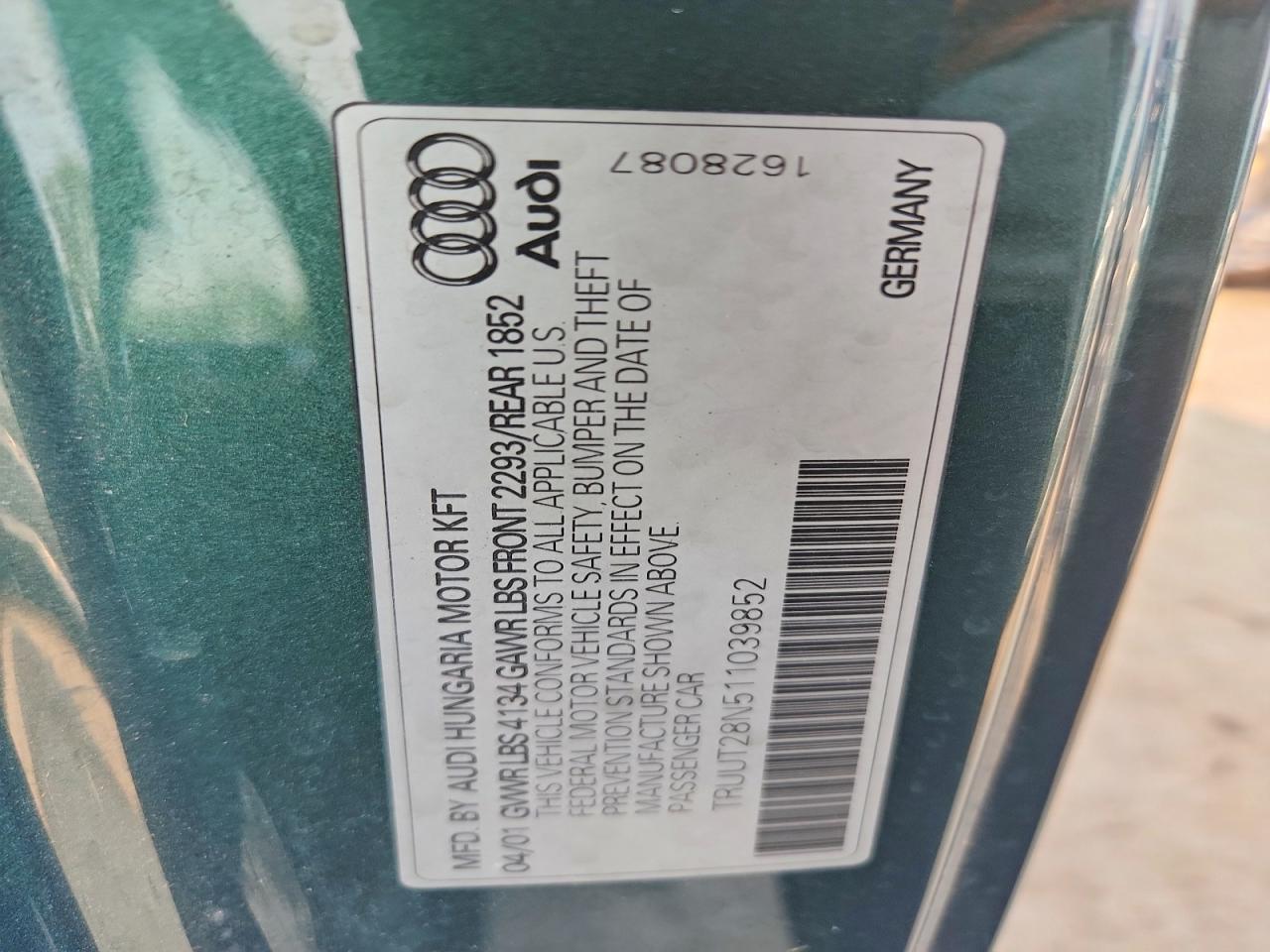 2001 Audi Tt Quattro Green vin: TRUUT28N511039852