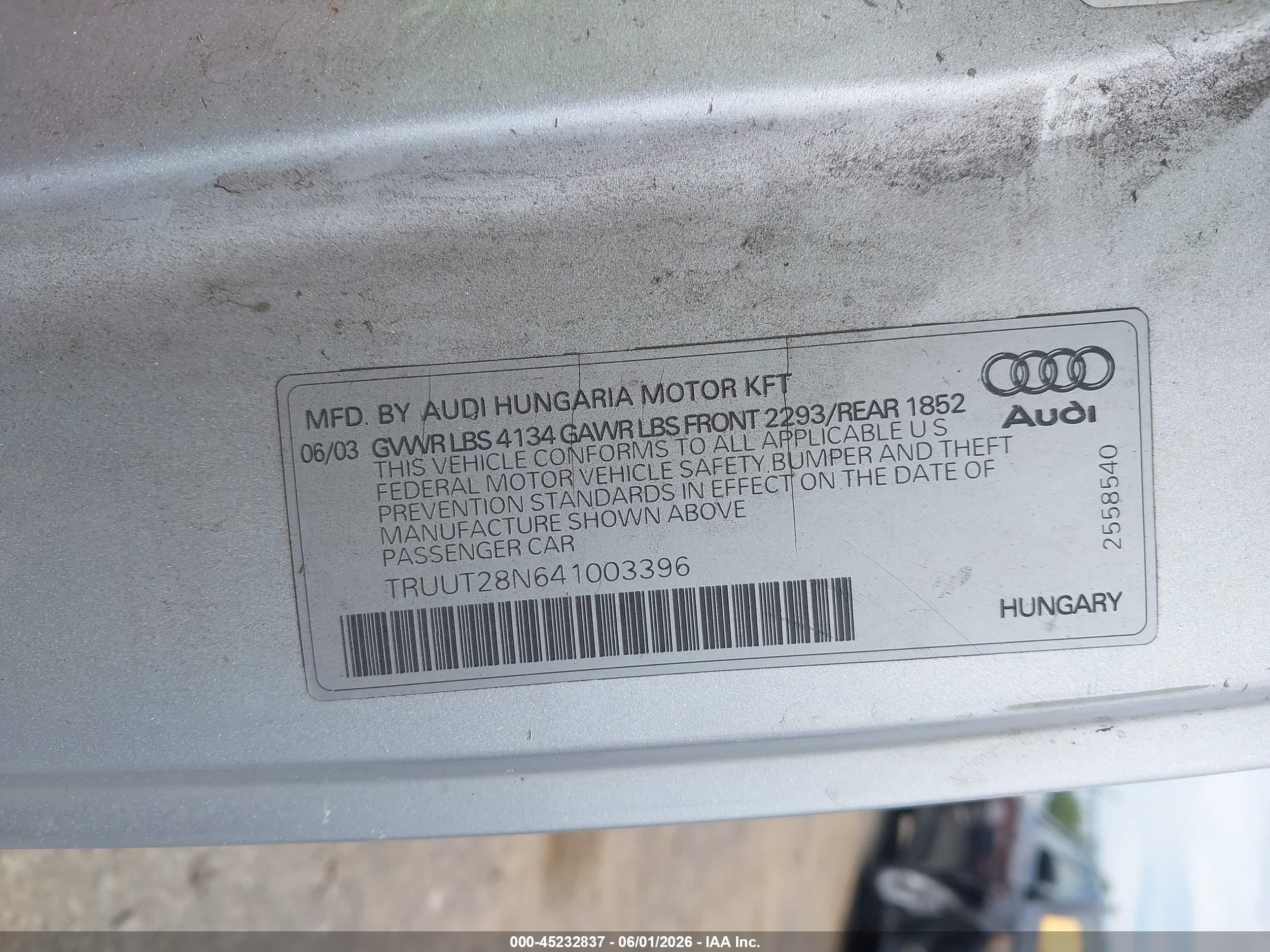 2004 Audi Tt 1.8l Silver vin: TRUUT28N641003396