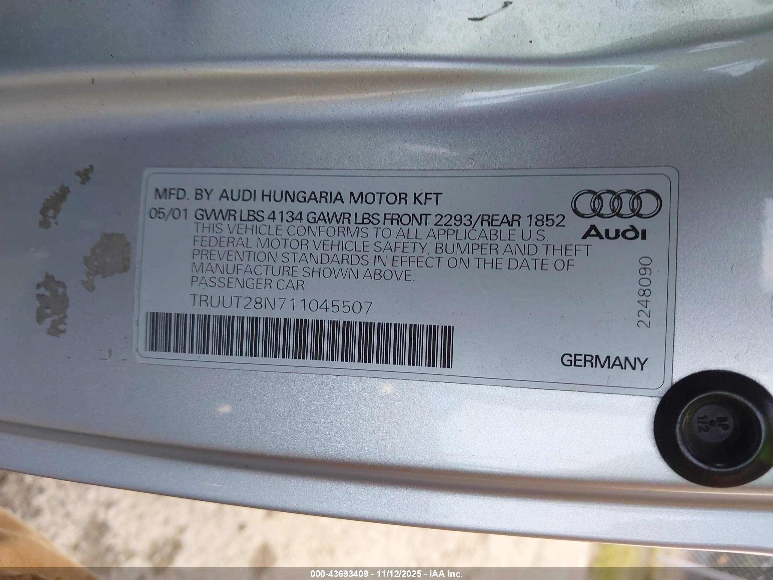2001 Audi Tt   Gray vin: TRUUT28N711045507