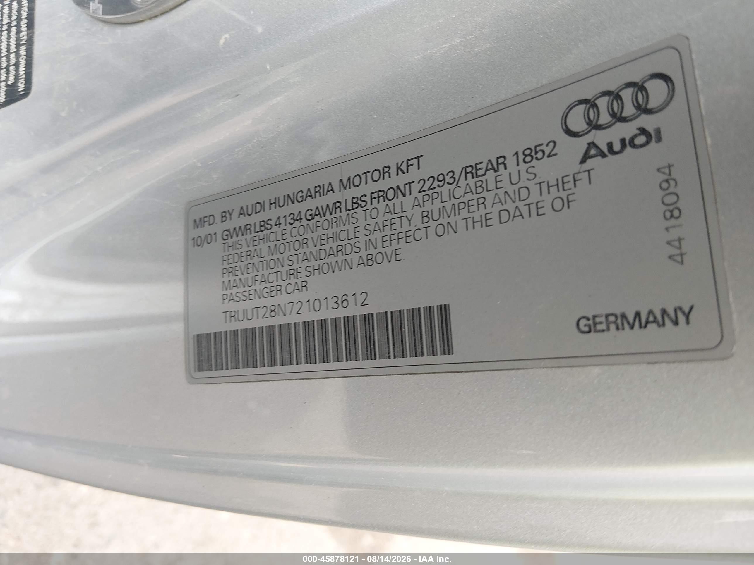 2002 Audi Tt 1.8l Gray vin: TRUUT28N721013612