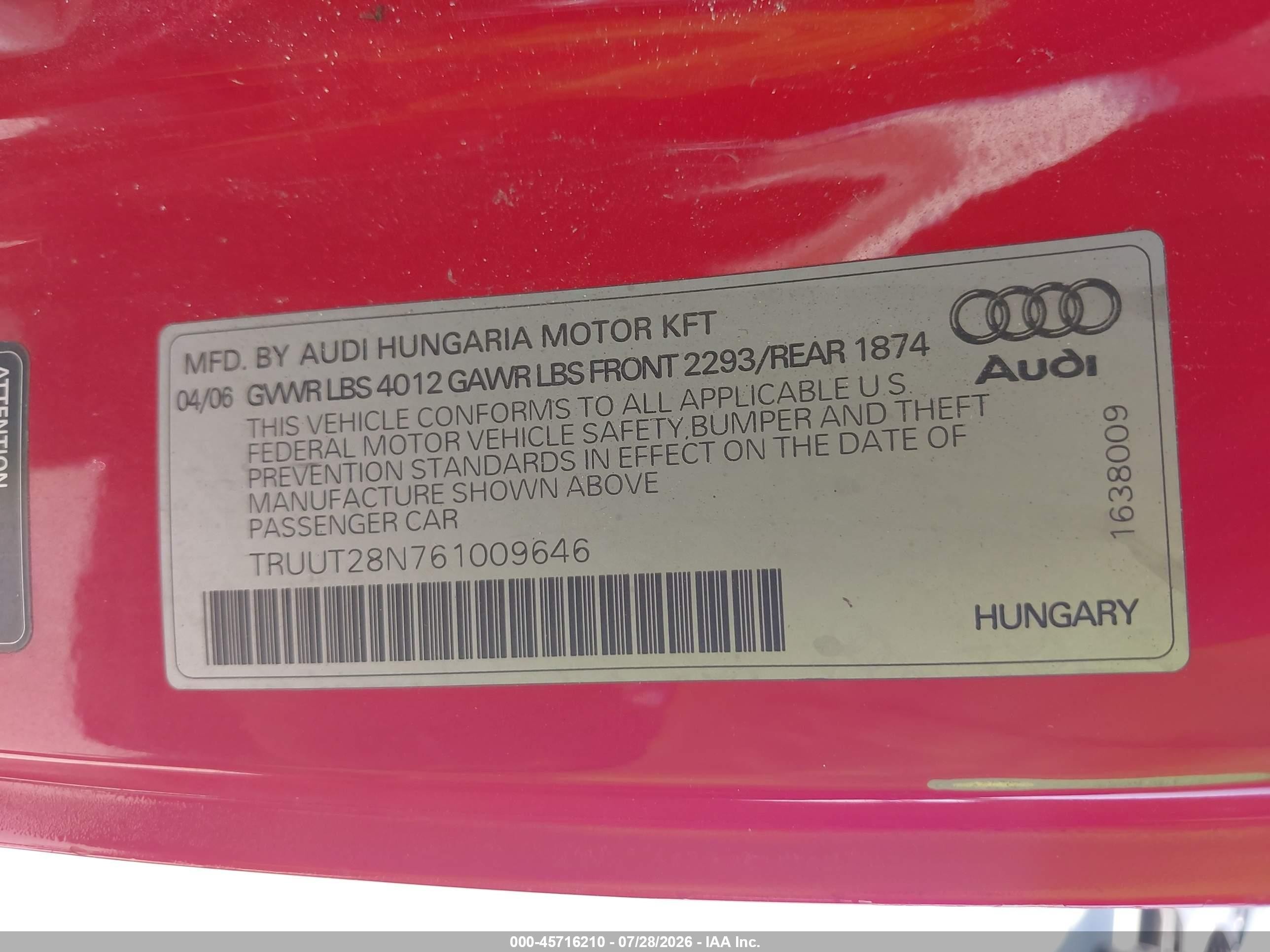 2006 Audi Tt 1.8l Red vin: TRUUT28N761009646