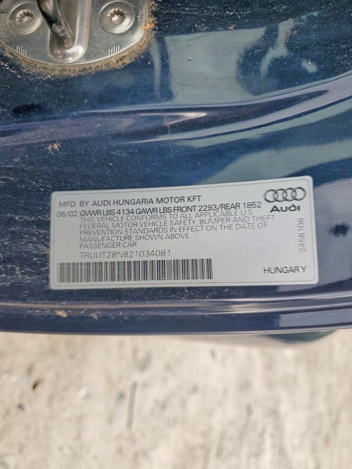 2002 Audi Tt Quattro Синий vin: TRUUT28N821034081