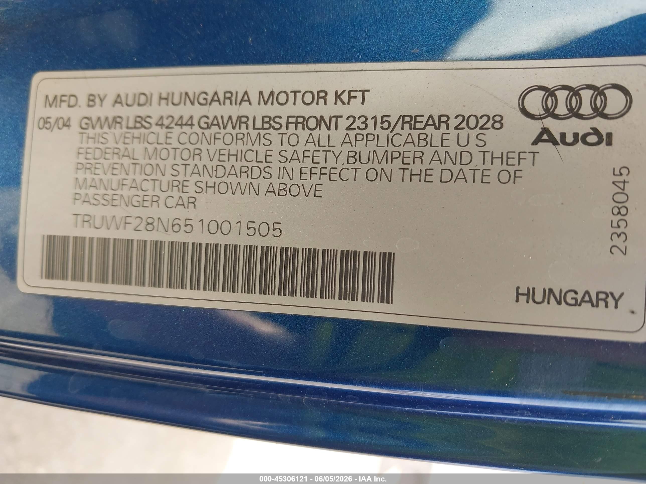 2005 Audi Tt 3.2l Blue vin: TRUWF28N651001505