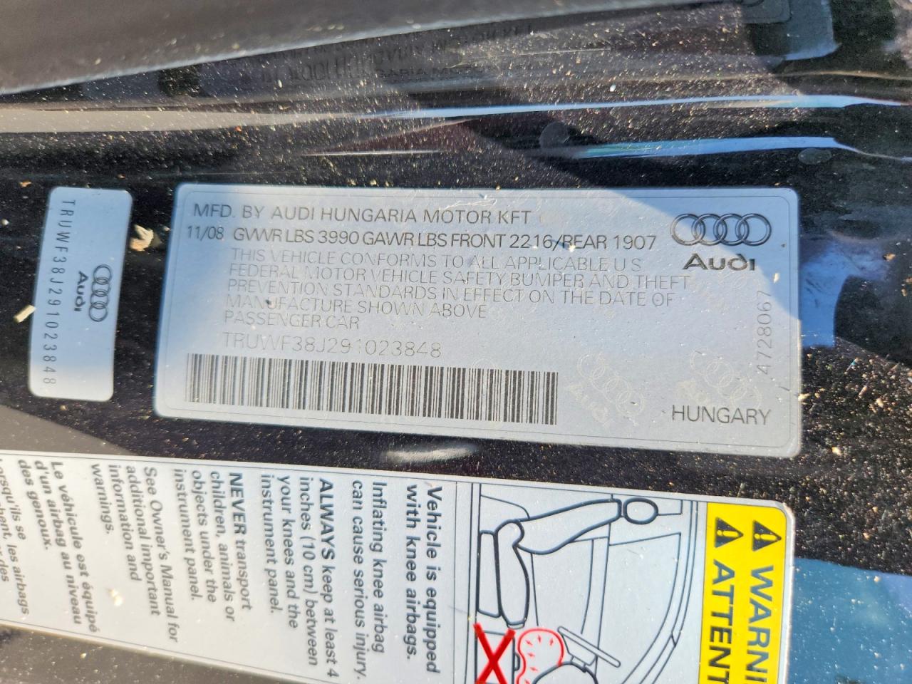 2009 Audi Tts Черный vin: TRUWF38J291023848