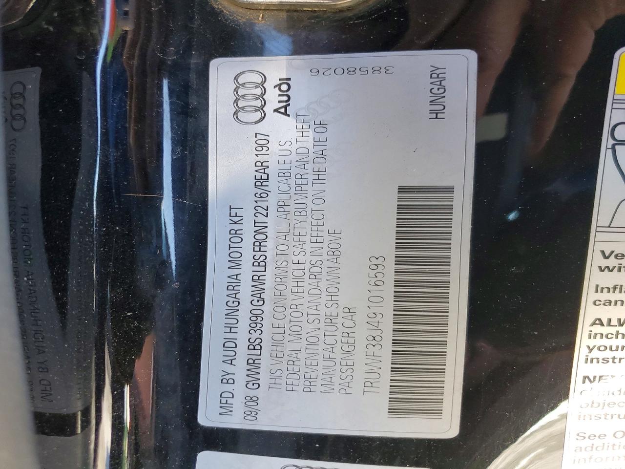 2009 Audi Tts Black vin: TRUWF38J491016593