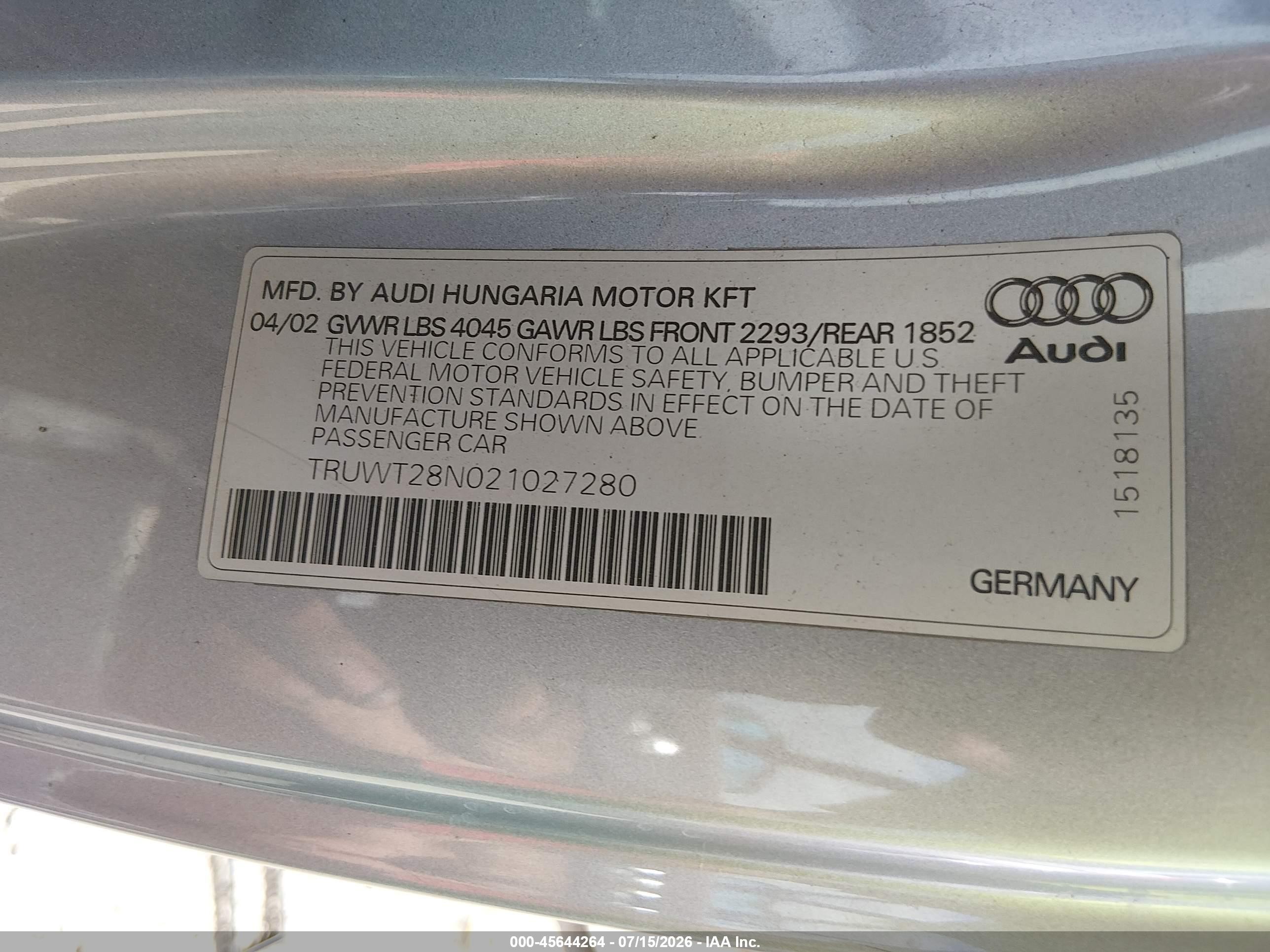 2002 Audi Tt Alms Commemorative Edition Silver vin: TRUWT28N021027280