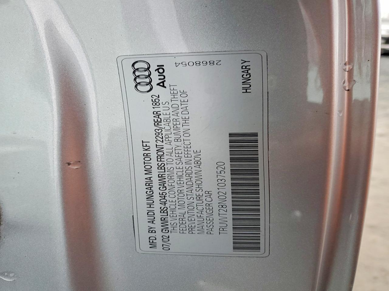 2002 Audi Tt Quattro Silver vin: TRUWT28N021037520
