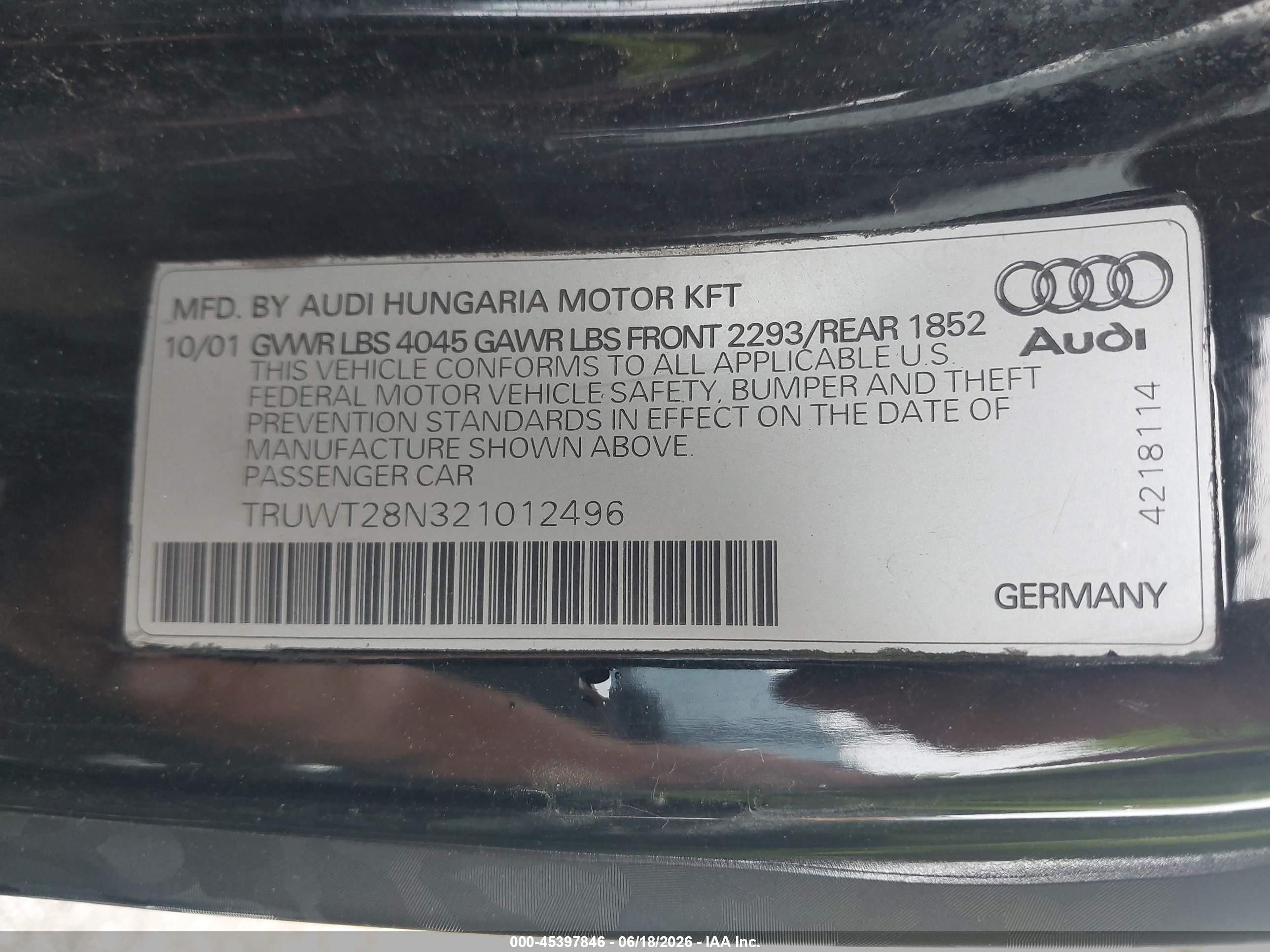 2002 Audi Tt 1.8l Черный vin: TRUWT28N321012496
