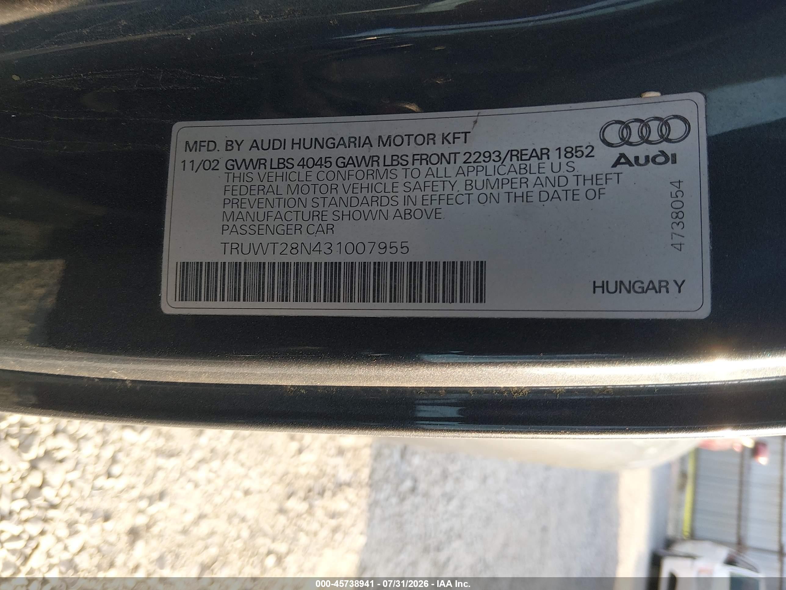2003 Audi Tt 1.8l Gray vin: TRUWT28N431007955