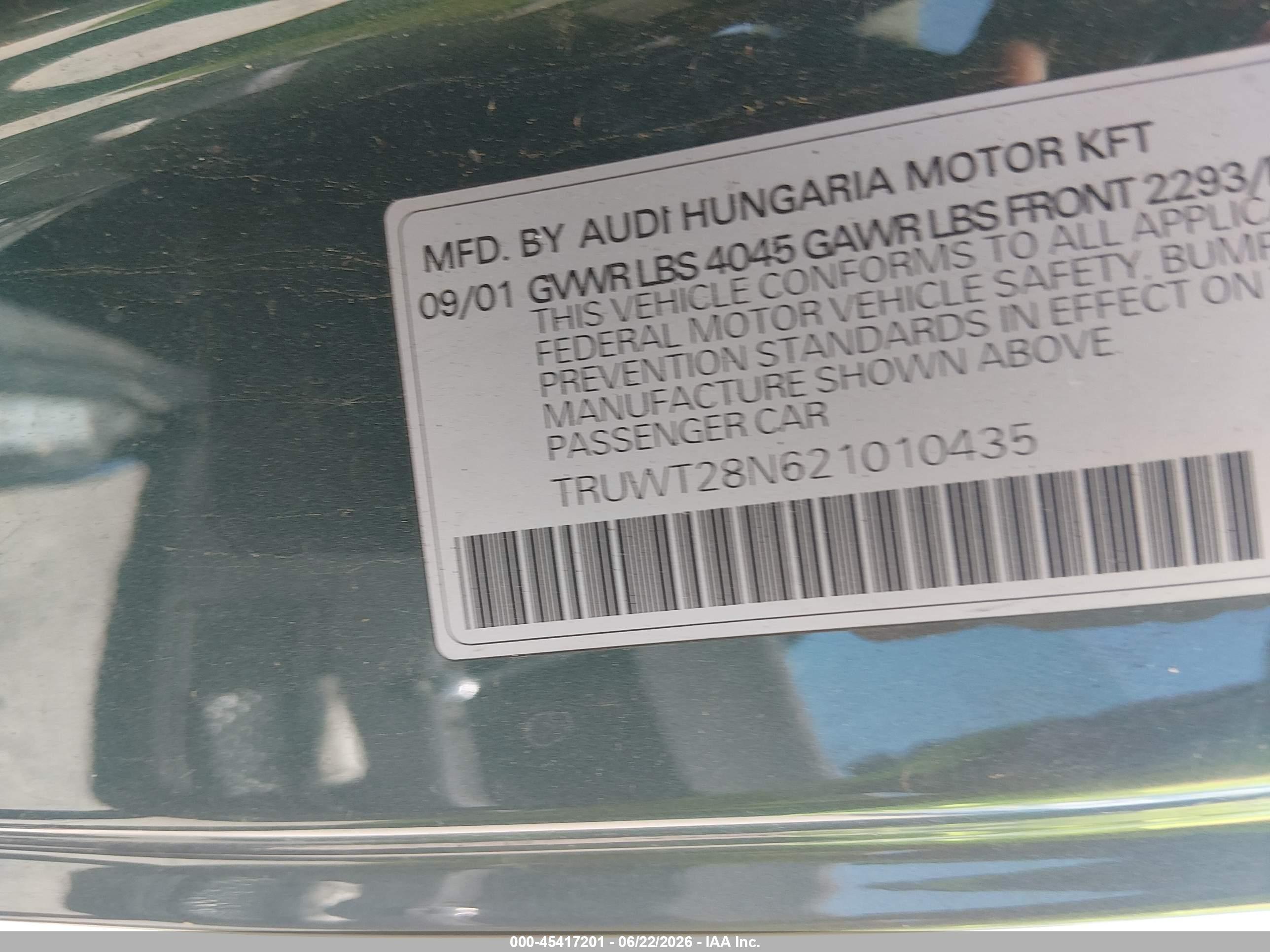 2002 Audi Tt 1.8l/alms Commemorative Edition Green vin: TRUWT28N621010435