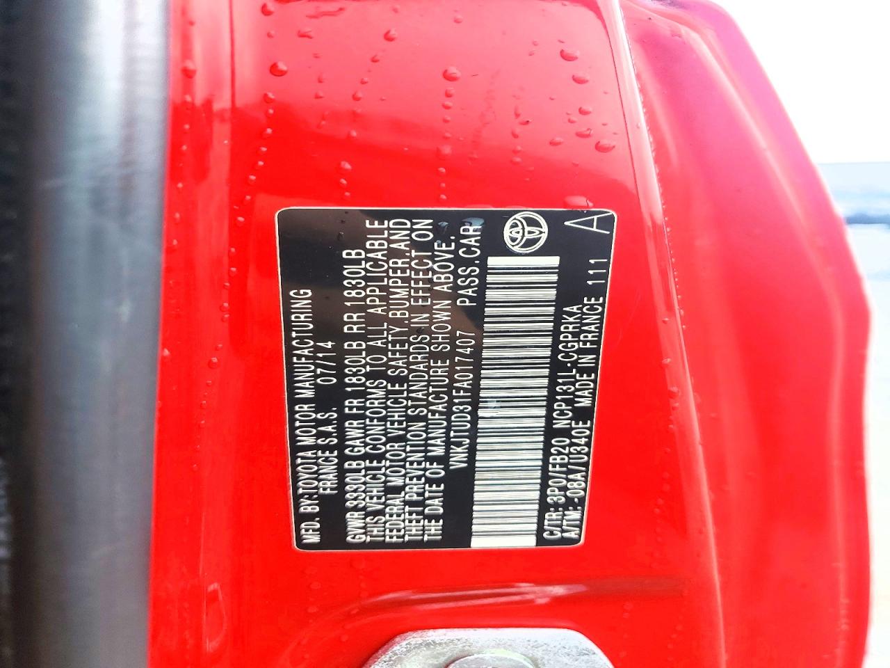 2015 Toyota Yaris 3-door Le Red vin: VNKJTUD31FA017407