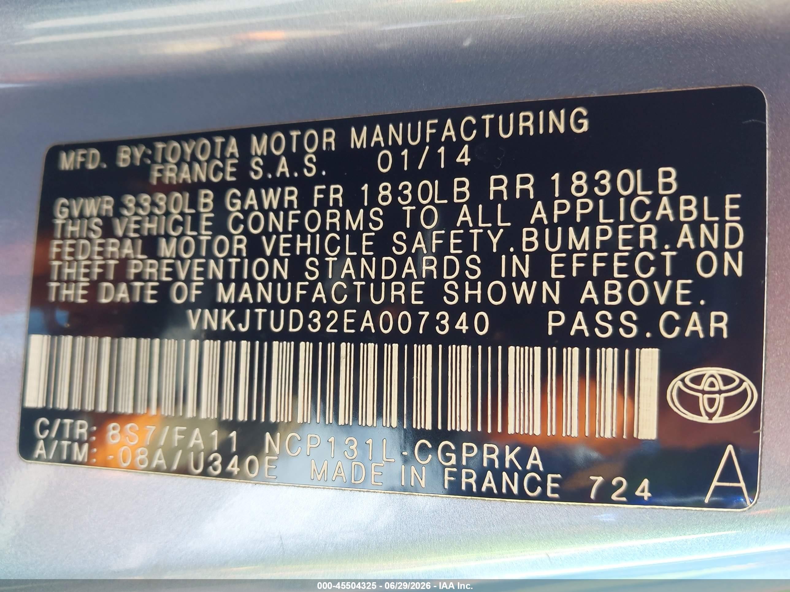 2014 Toyota Yaris L (tmmf Plant) Blue vin: VNKJTUD32EA007340