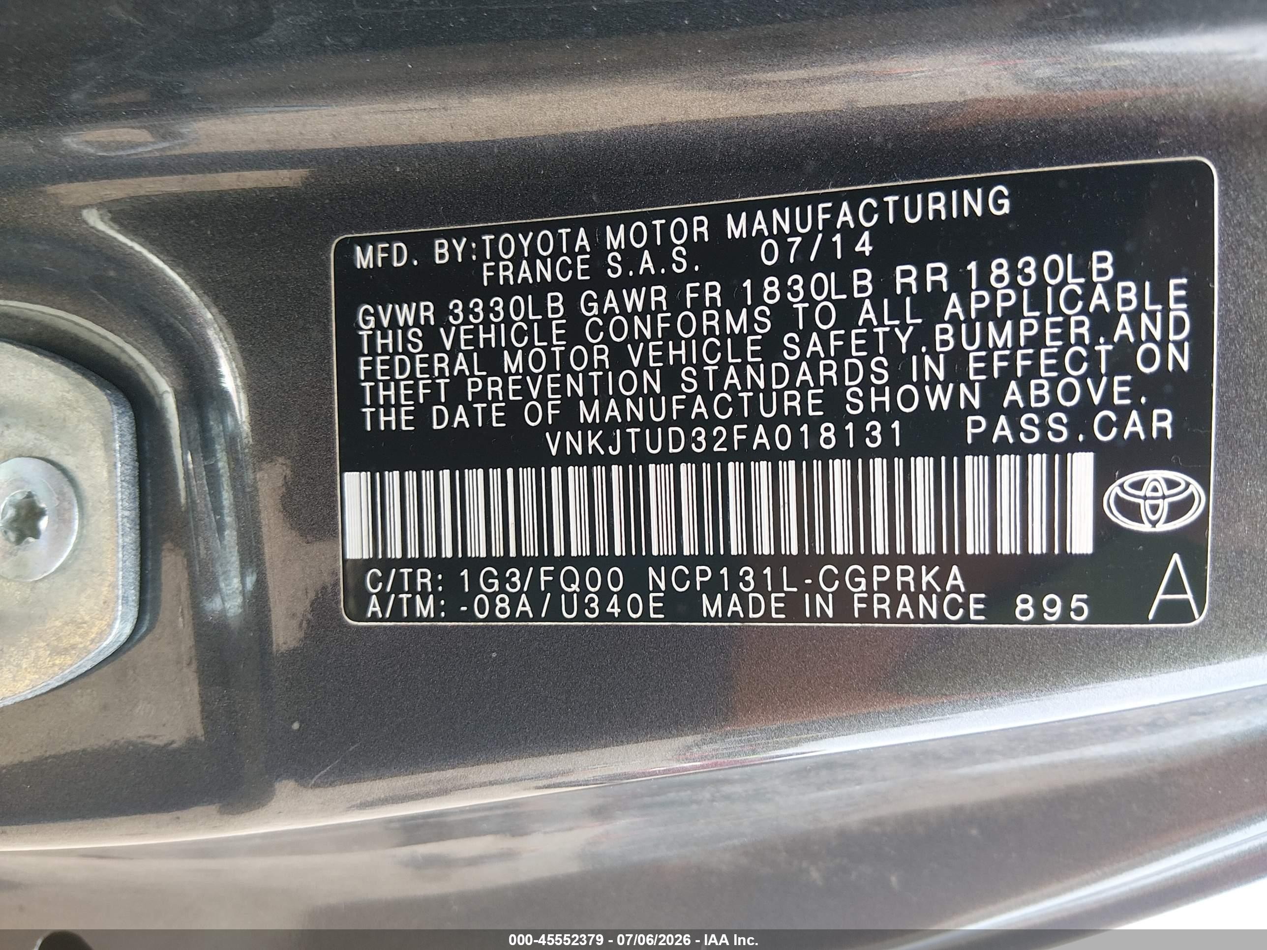 2015 Toyota Yaris L Серый vin: VNKJTUD32FA018131