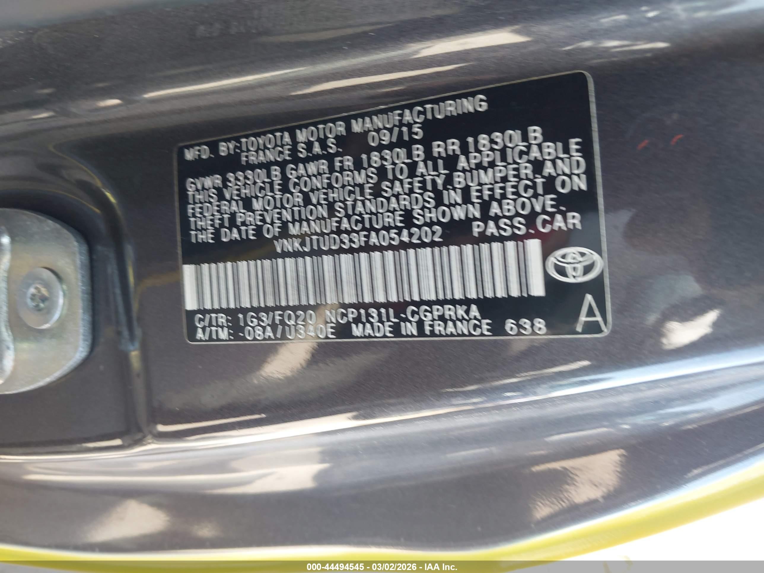 2015 Toyota Yaris L Yellow vin: VNKJTUD33FA054202