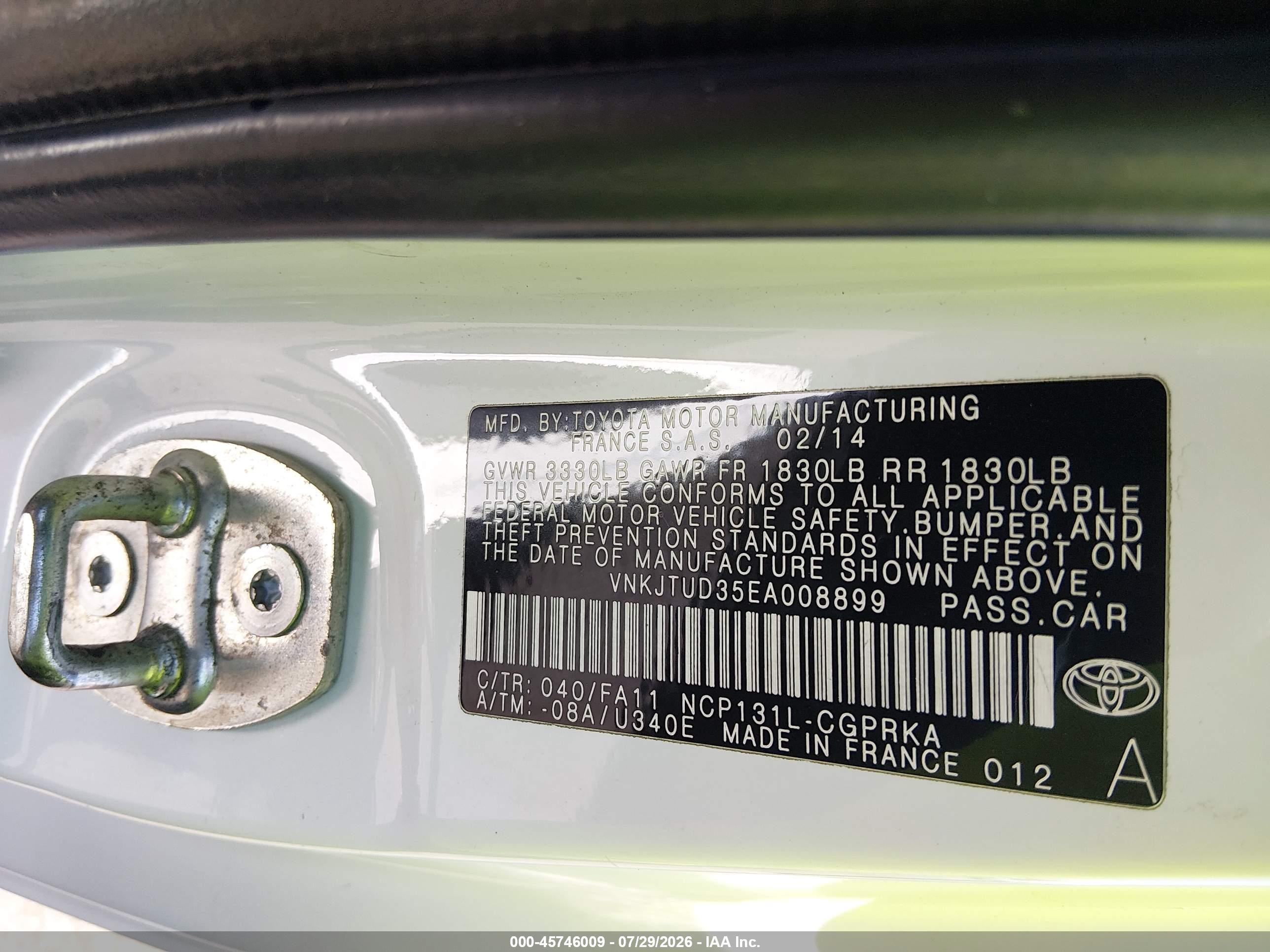 2014 Toyota Yaris L (tmmf Plant) Белый vin: VNKJTUD35EA008899