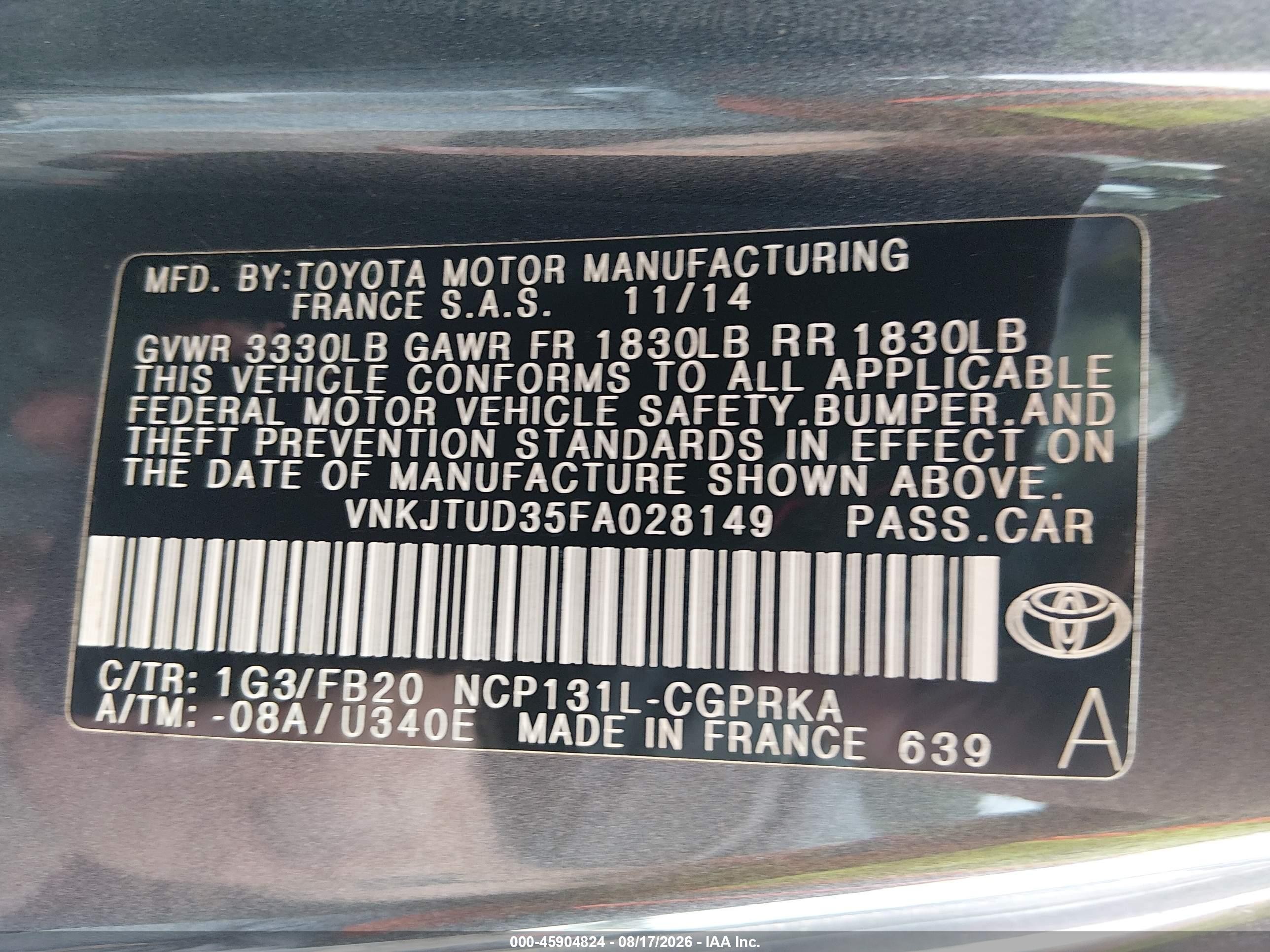 2015 Toyota Yaris Le Gray vin: VNKJTUD35FA028149
