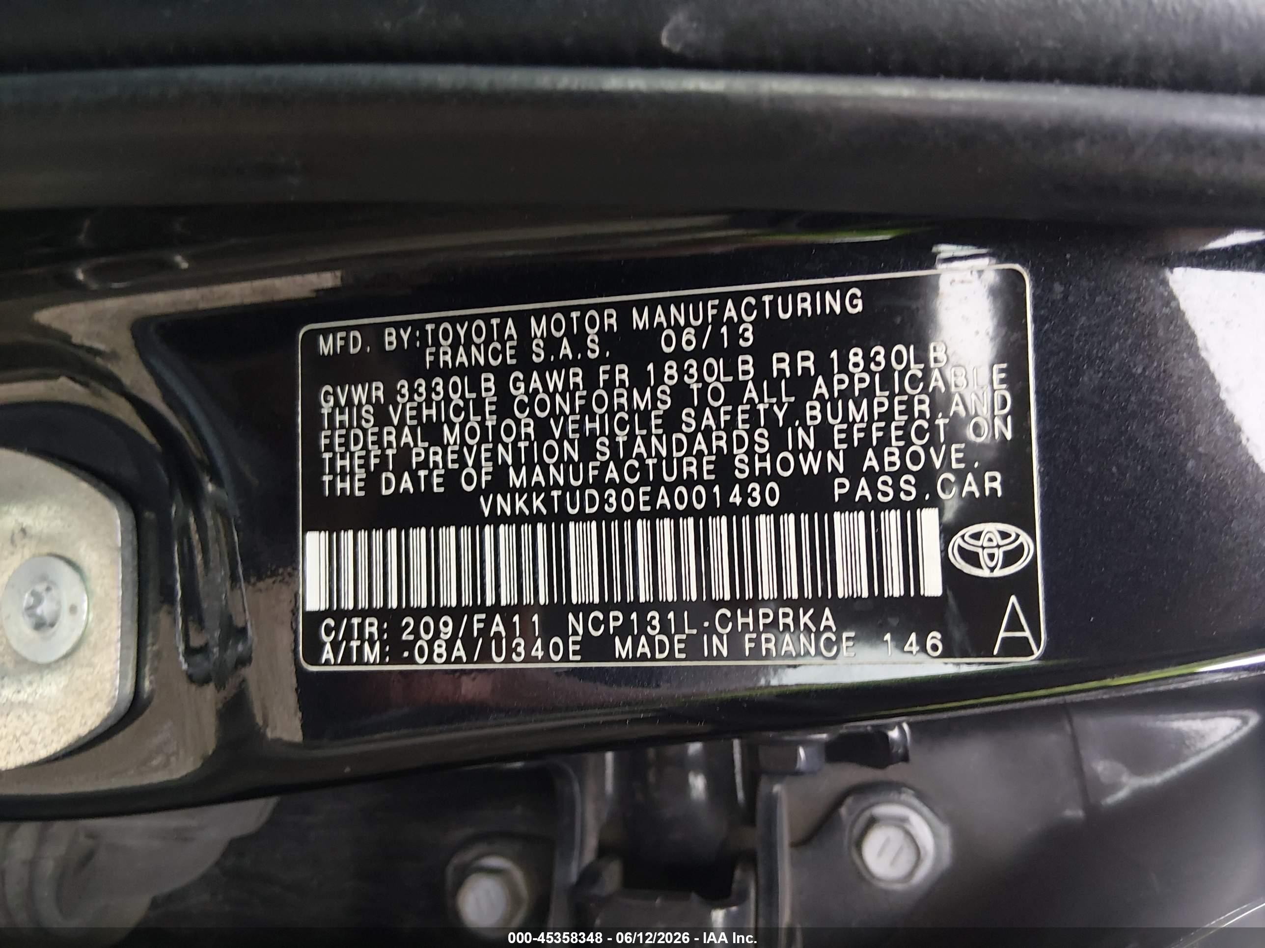 2014 Toyota Yaris Le (tmmf Plant) Black vin: VNKKTUD30EA001430