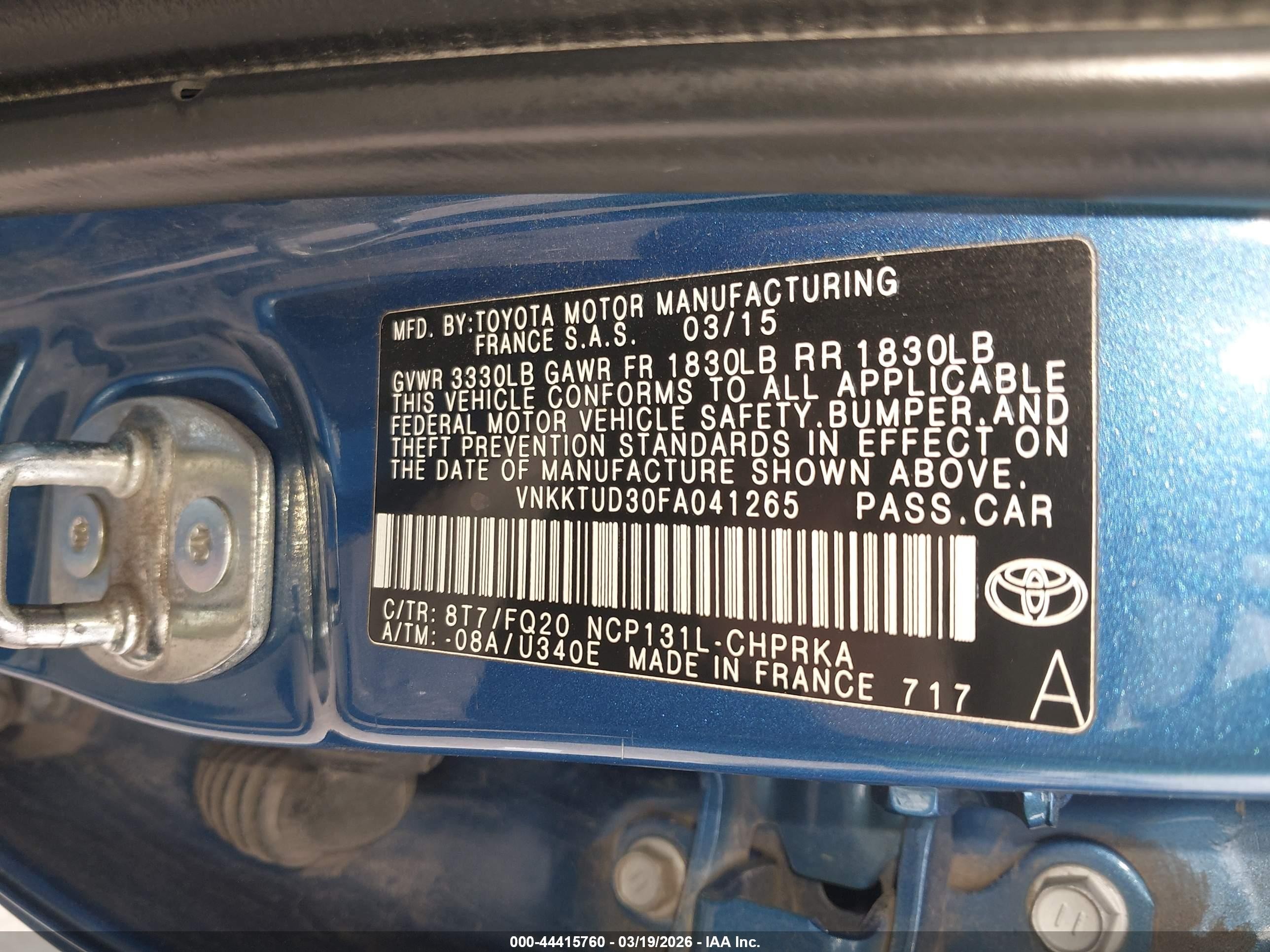 2015 Toyota Yaris L Blue vin: VNKKTUD30FA041265