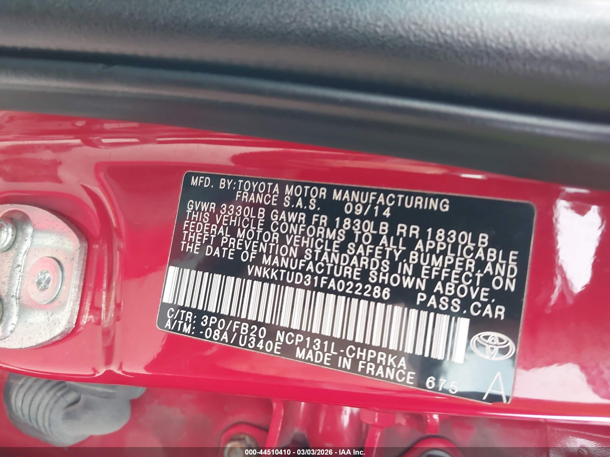 2015 Toyota Yaris Le Красный vin: VNKKTUD31FA022286