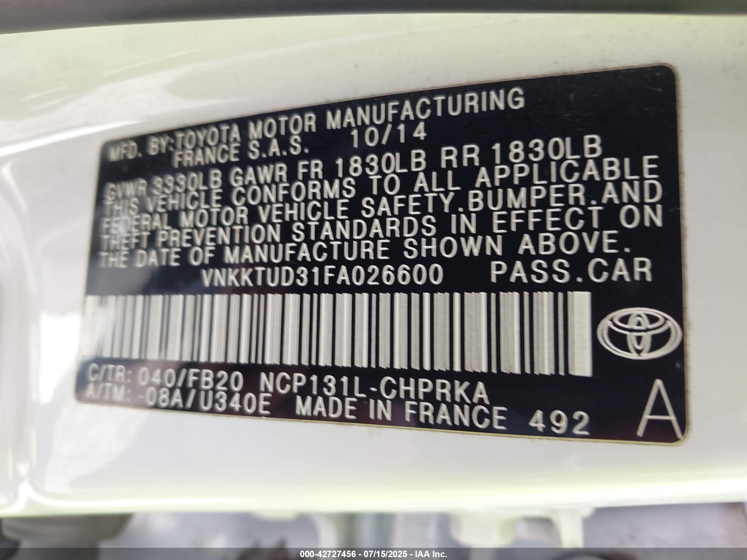 2015 Toyota Yaris Le White vin: VNKKTUD31FA026600