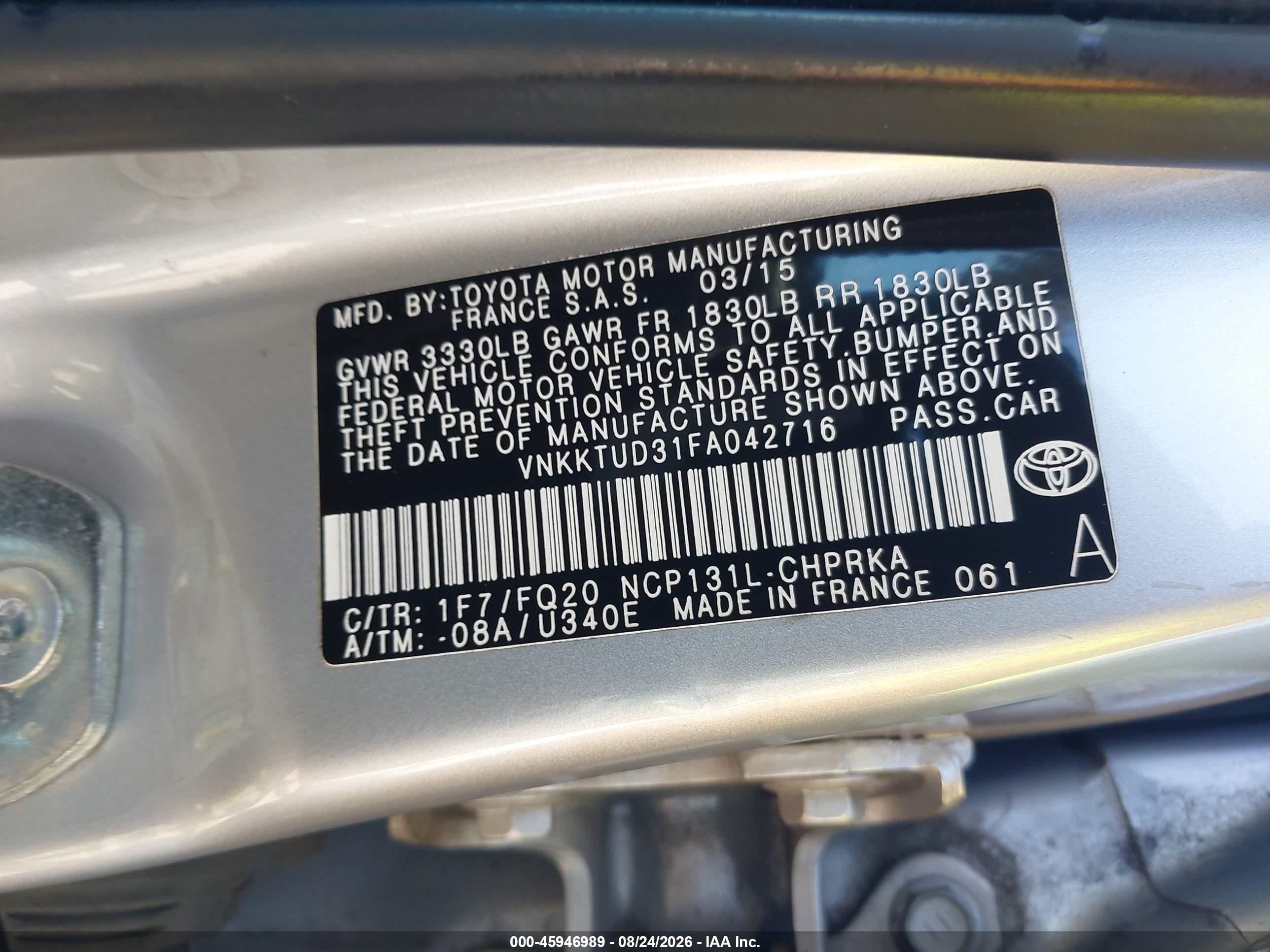 2015 Toyota Yaris L Silver vin: VNKKTUD31FA042716