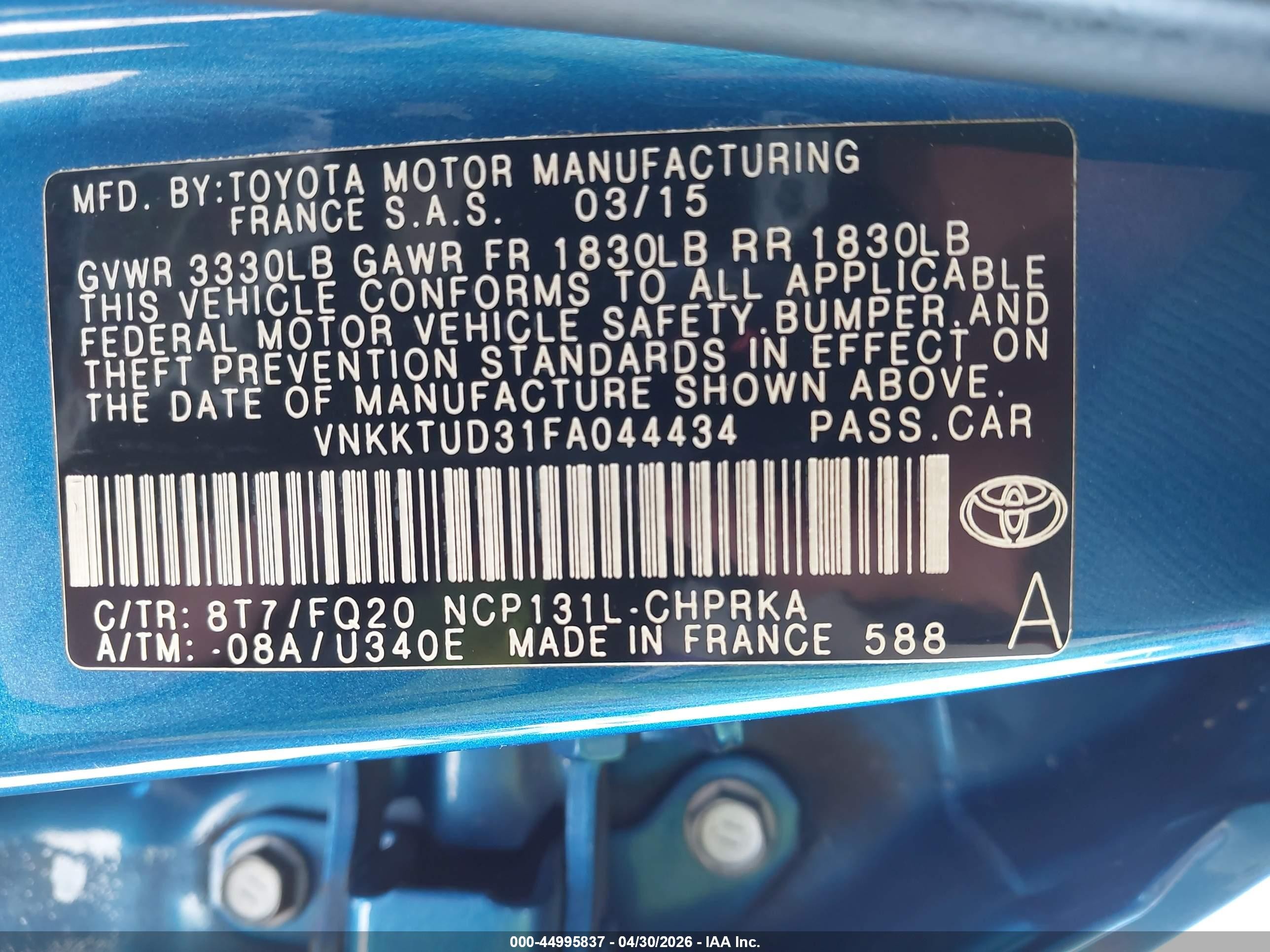 2015 Toyota Yaris L Blue vin: VNKKTUD31FA044434