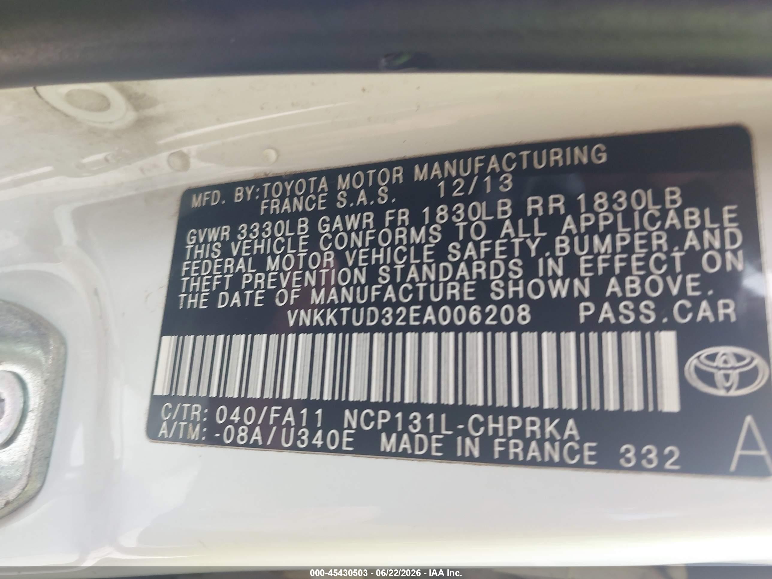 2014 Toyota Yaris L (tmmf Plant) White vin: VNKKTUD32EA006208