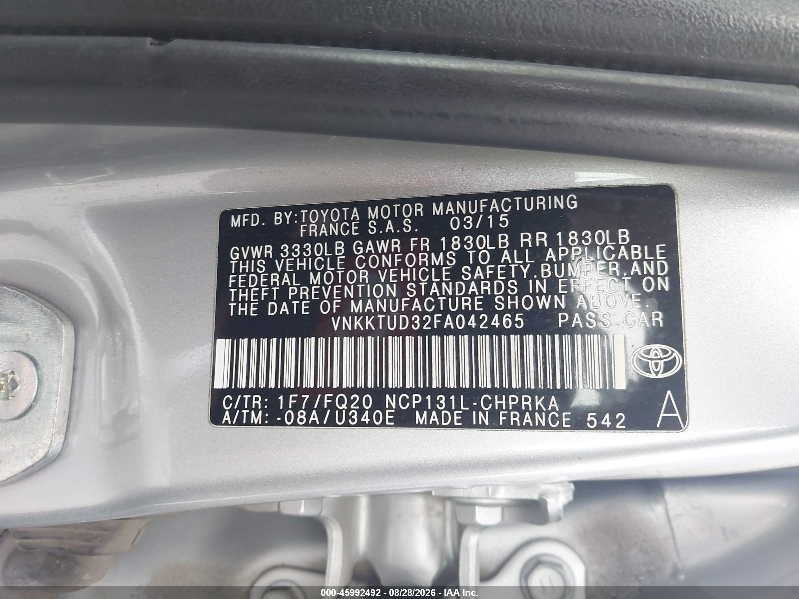 2015 Toyota Yaris L Серый vin: VNKKTUD32FA042465