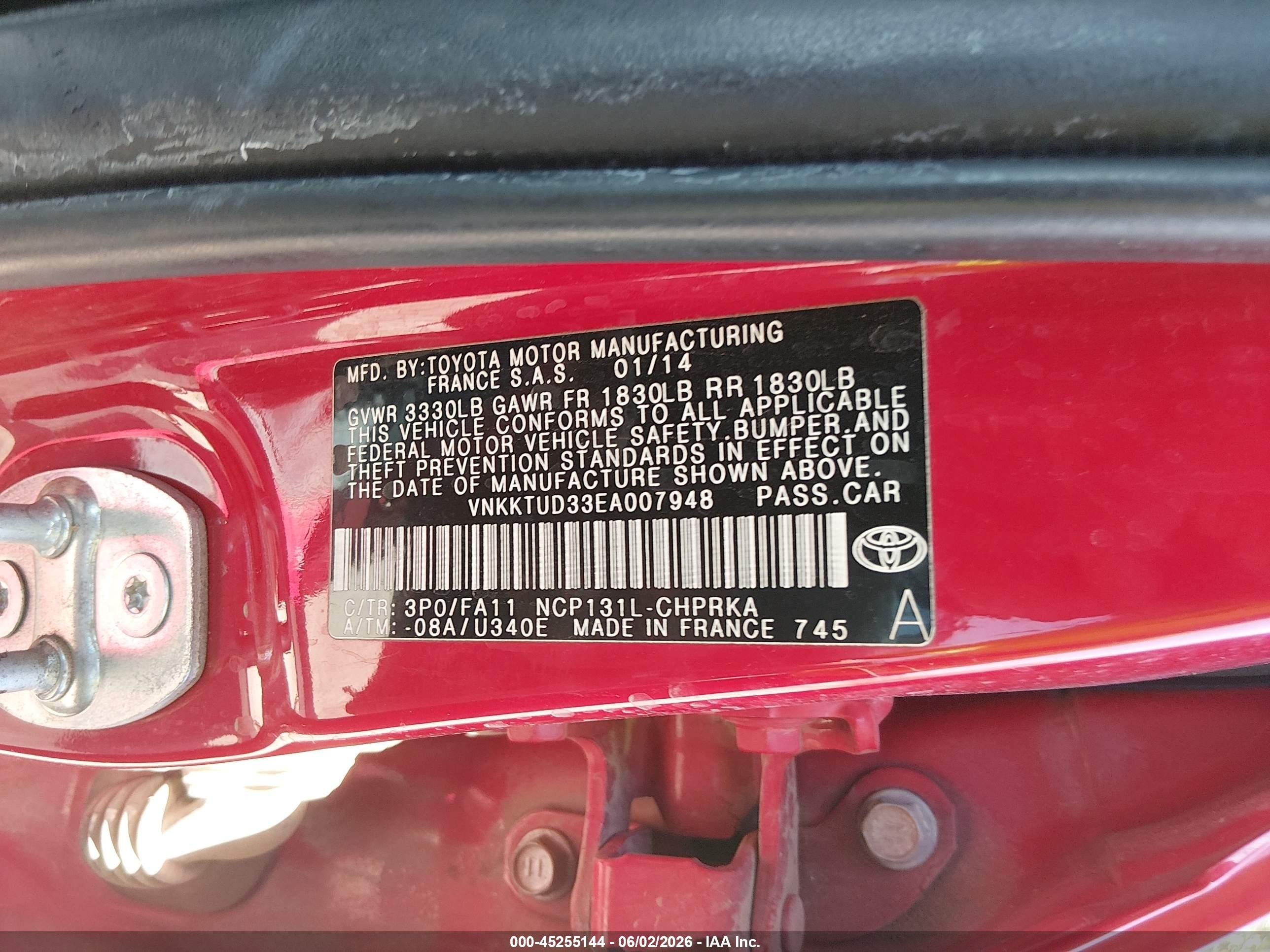 2014 Toyota Yaris Le (tmmf Plant) Красный vin: VNKKTUD33EA007948