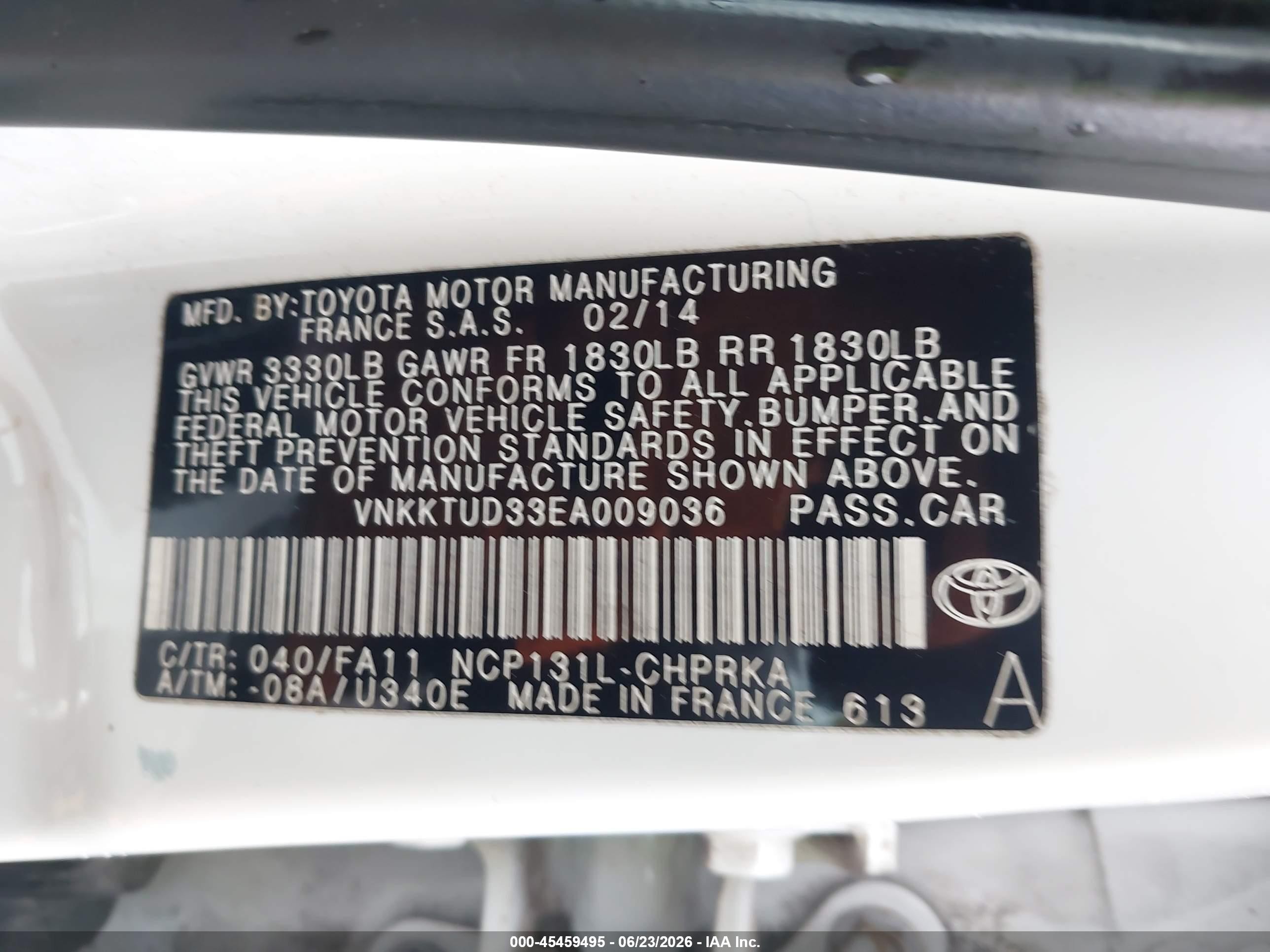 2014 Toyota Yaris L (tmmf Plant) White vin: VNKKTUD33EA009036