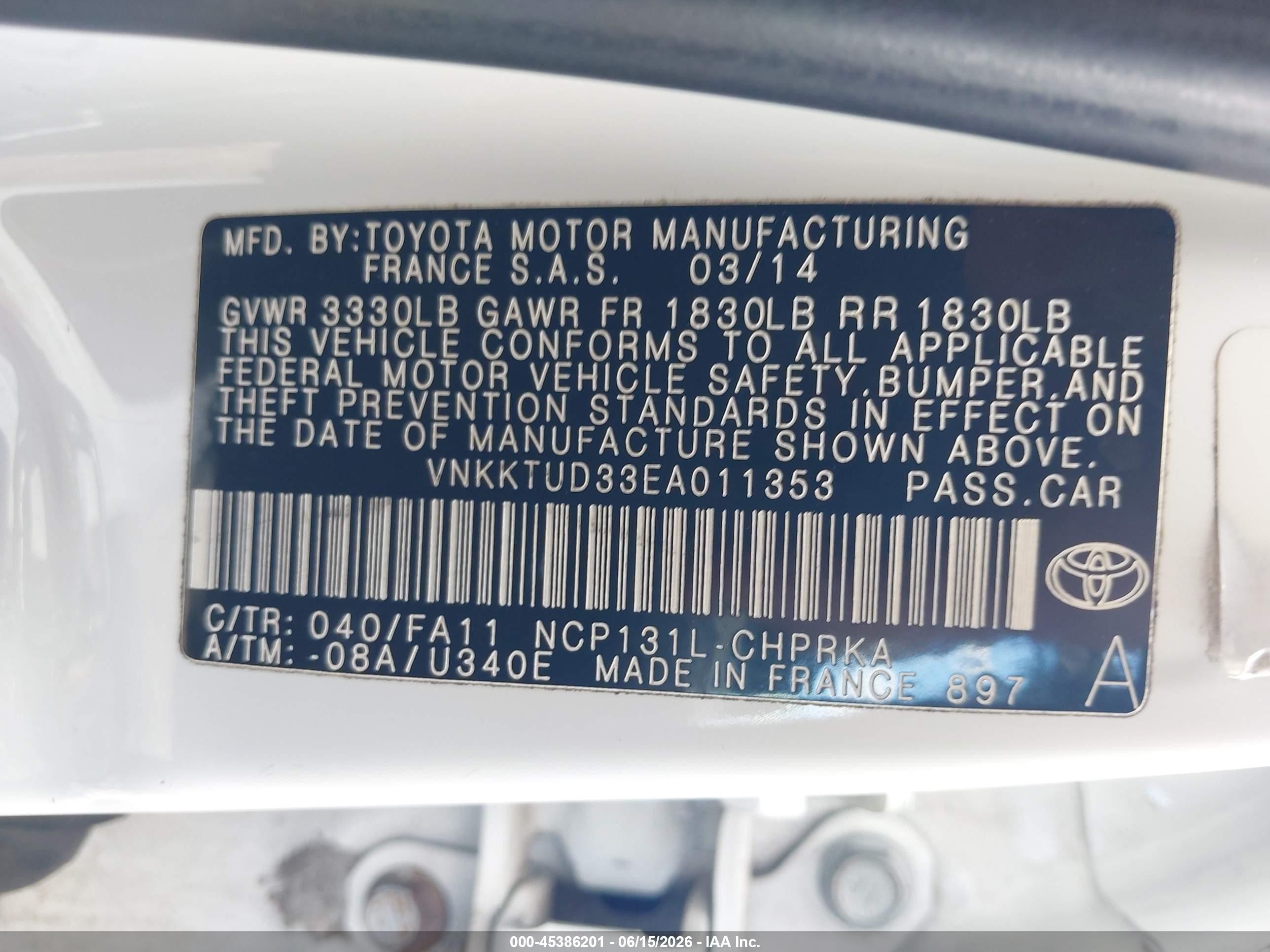 2014 Toyota Yaris L (tmmf Plant) White vin: VNKKTUD33EA011353
