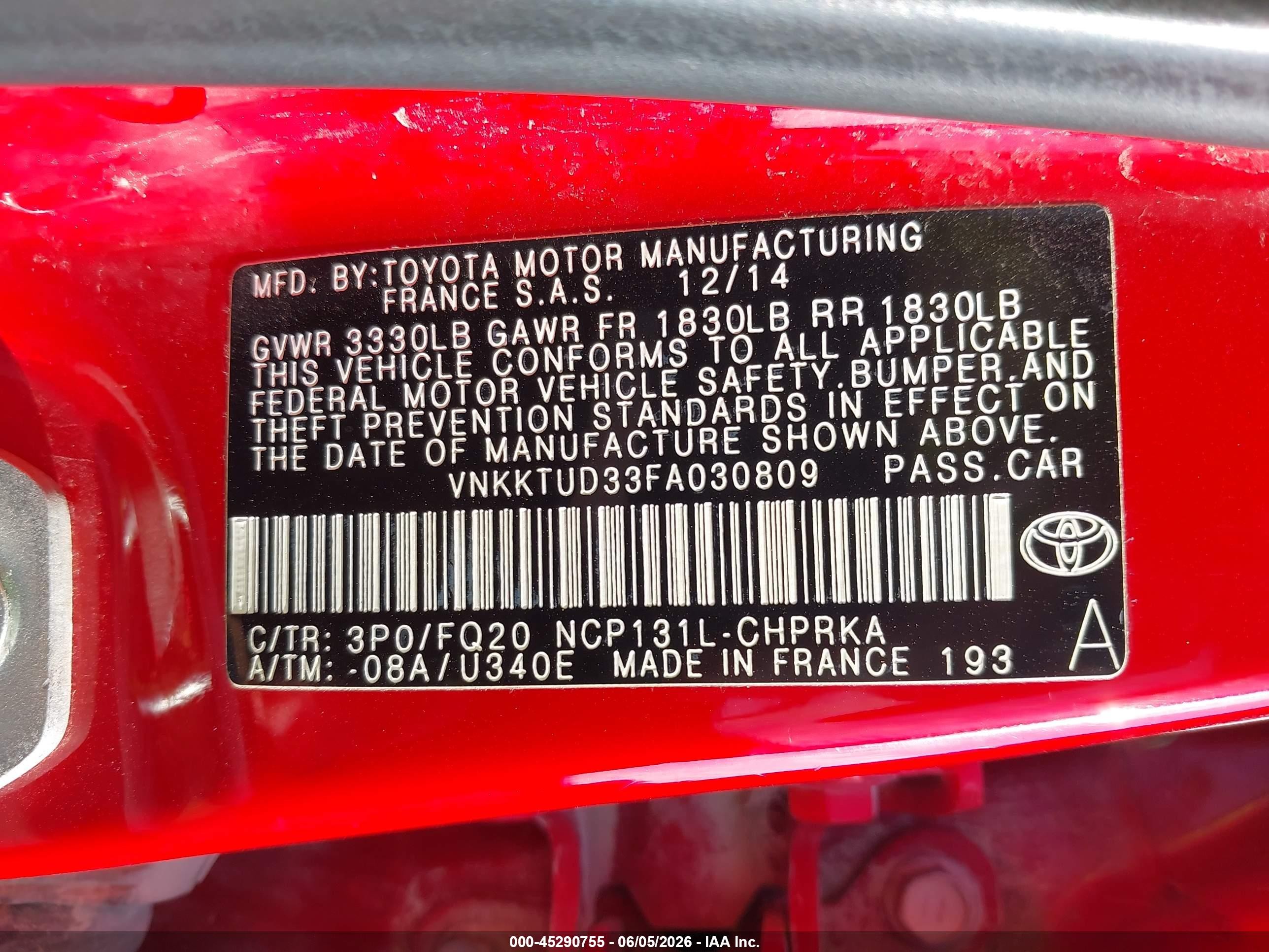 2015 Toyota Yaris L Red vin: VNKKTUD33FA030809