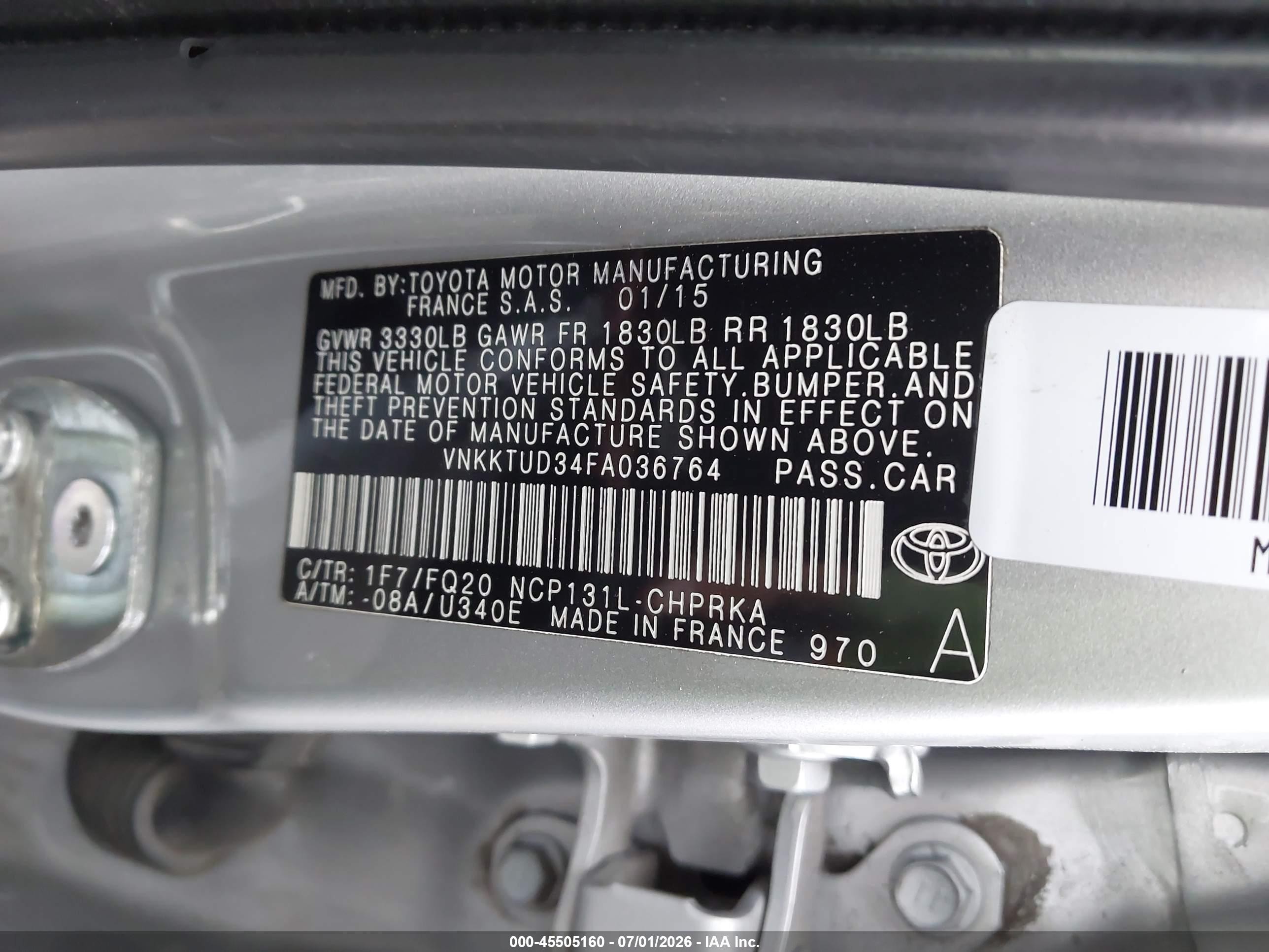 2015 Toyota Yaris L Silver vin: VNKKTUD34FA036764