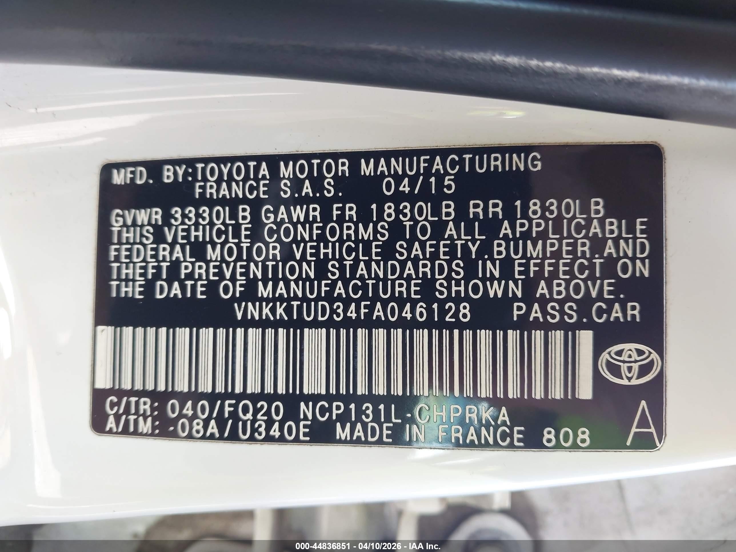 2015 Toyota Yaris L White vin: VNKKTUD34FA046128